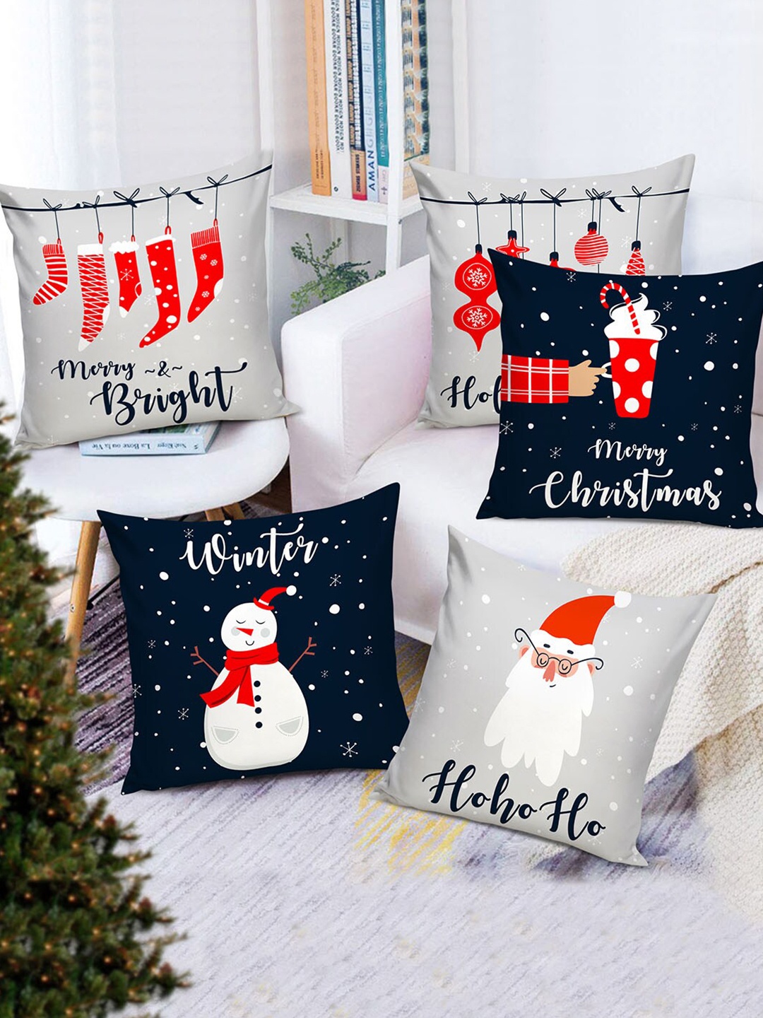 

TIED RIBBONS Multicoloured Set of 5 Christmas Decoration Printed Square Cushion Covers, Multi