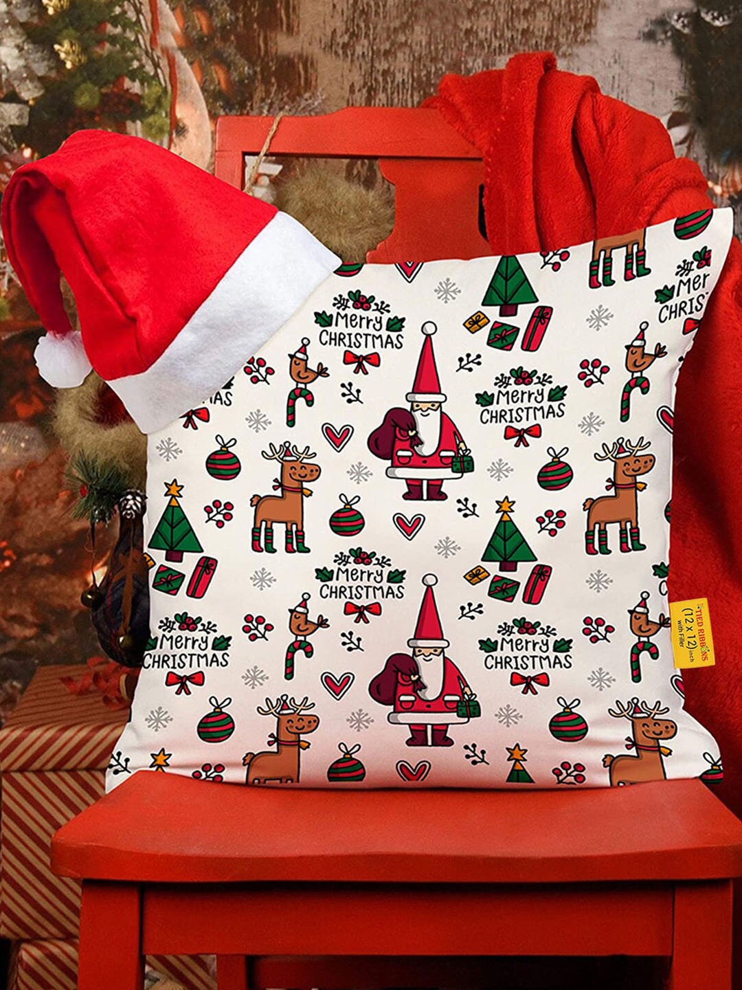 

TIED RIBBONS White & Red Christmas Printed Square Cushion Cover With Filler & Santa Cap