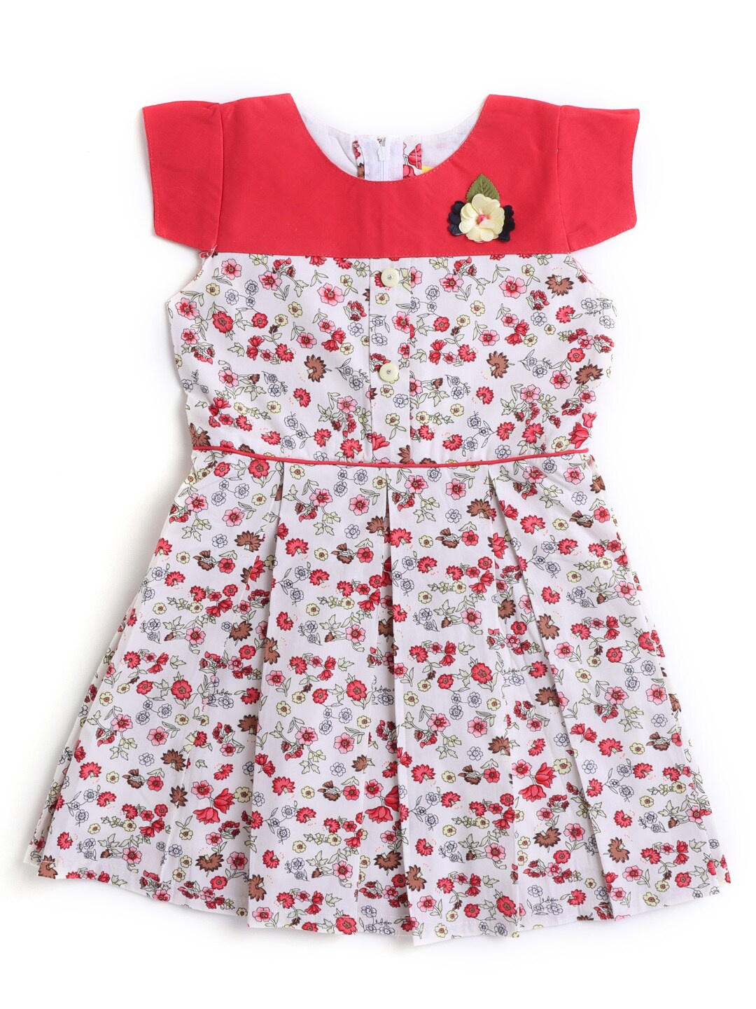 

Hopscotch Red Solid Yoke Cap Sleeves Floral Dress