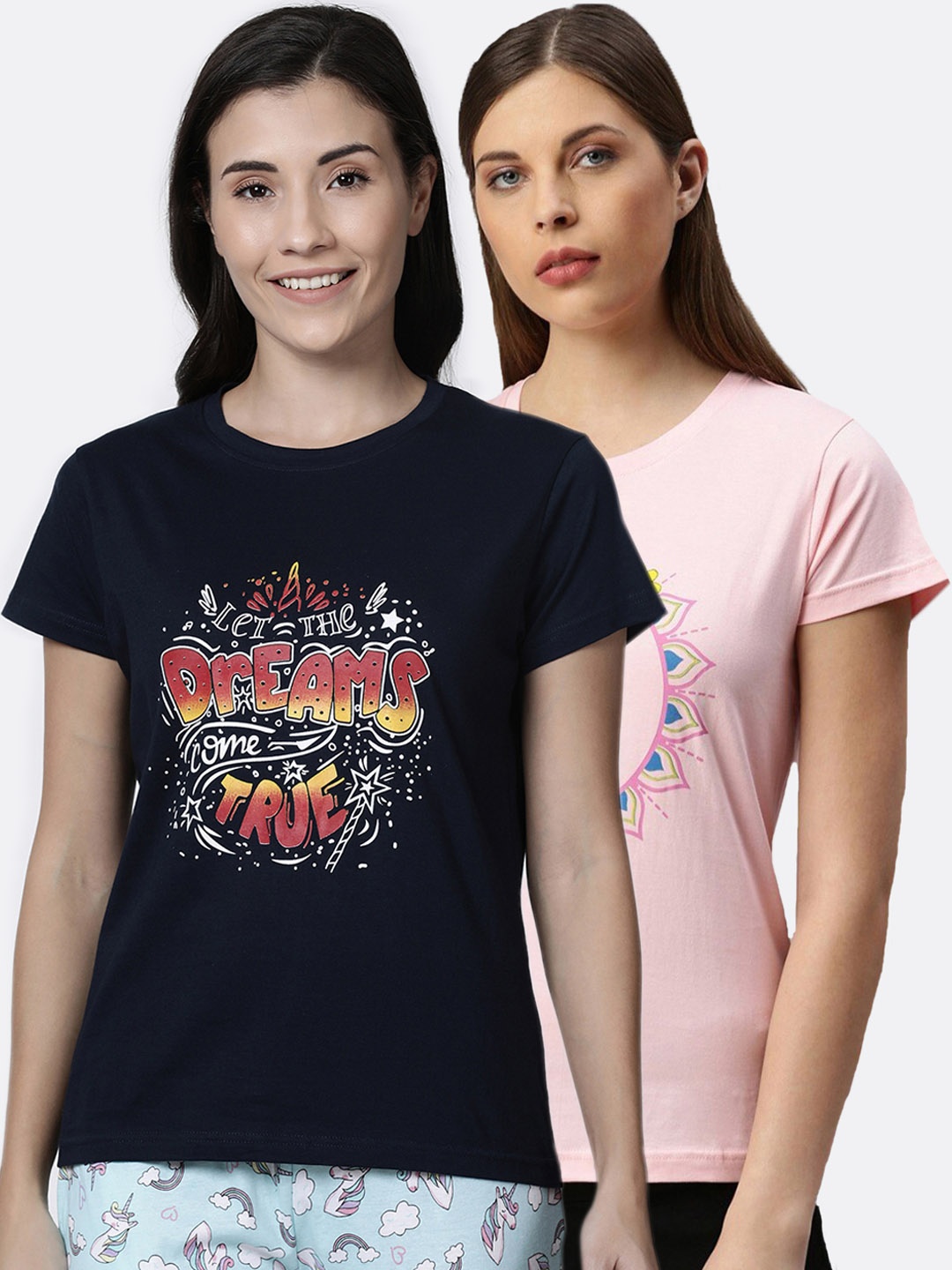 

Kryptic Women Pack Of 2 Printed Pure Cotton Lounge T-Shirts, Navy blue