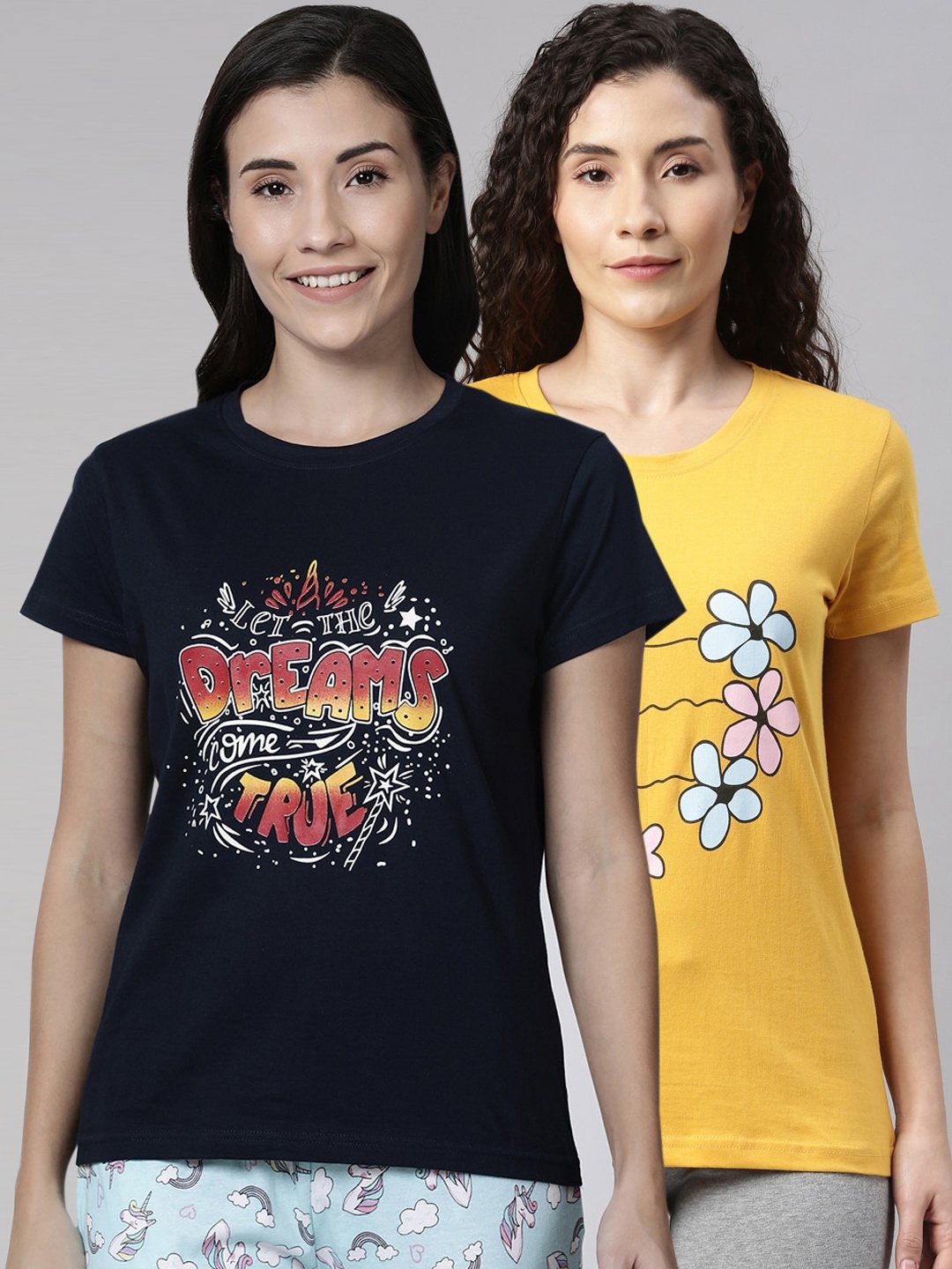 

Kryptic Women Pack Of 2 Printed Pure Cotton Lounge T-Shirts, Navy blue