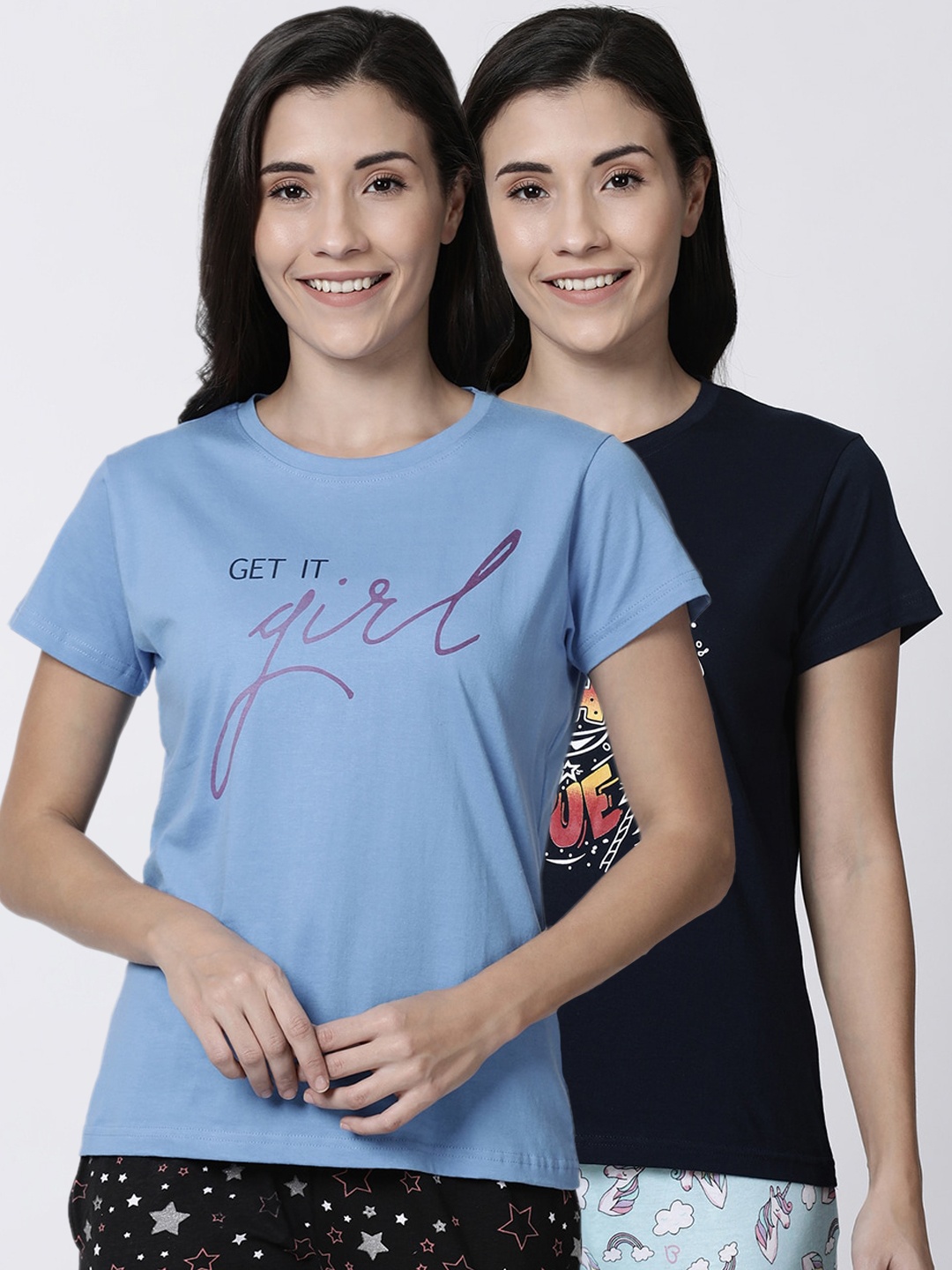 

Kryptic Women Pack Of 2 Printed Pure Cotton Lounge T-Shirts, Navy blue