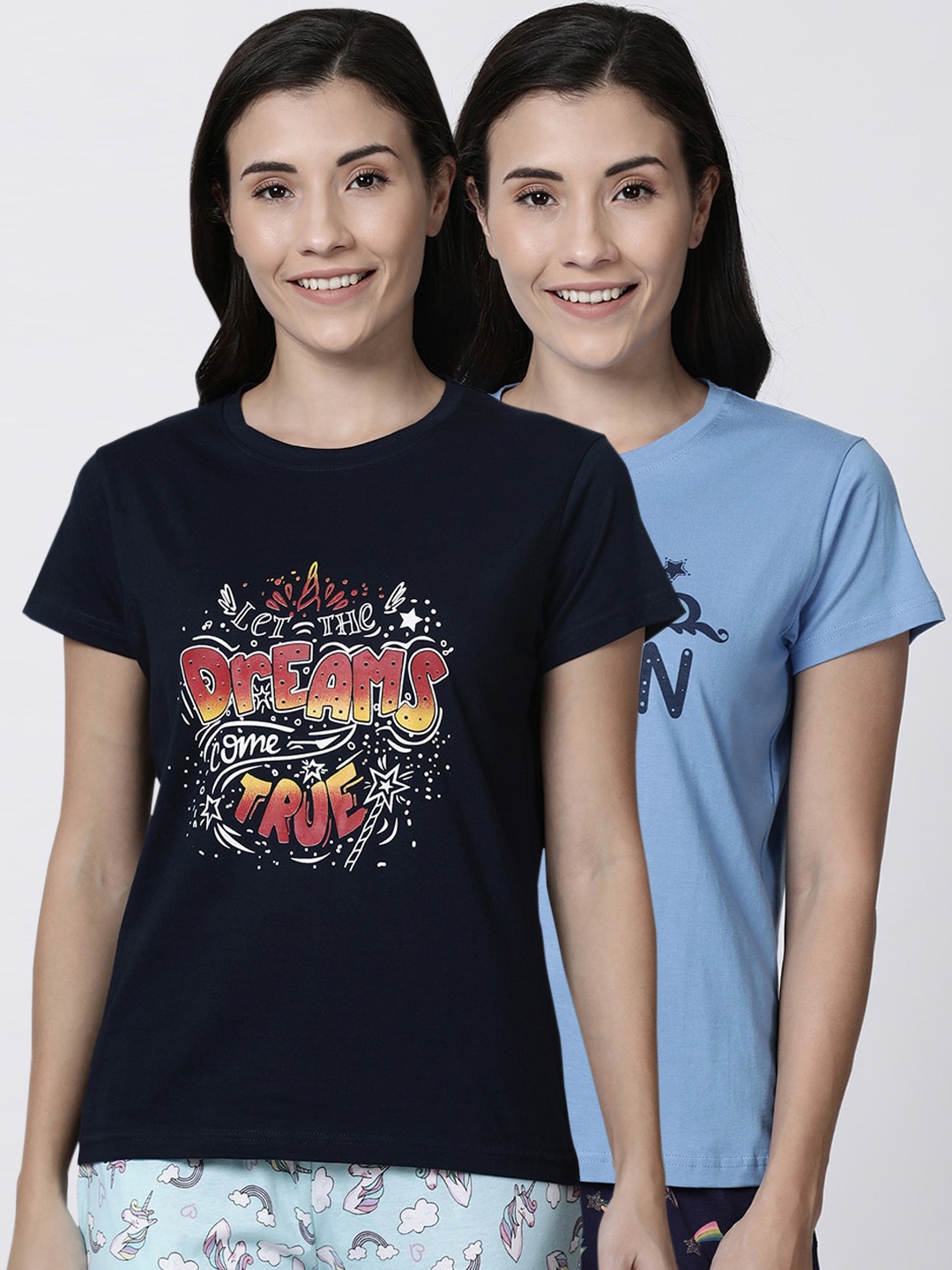 

Kryptic Women Pack Of 2 Printed Pure Cotton Lounge T-Shirts, Navy blue