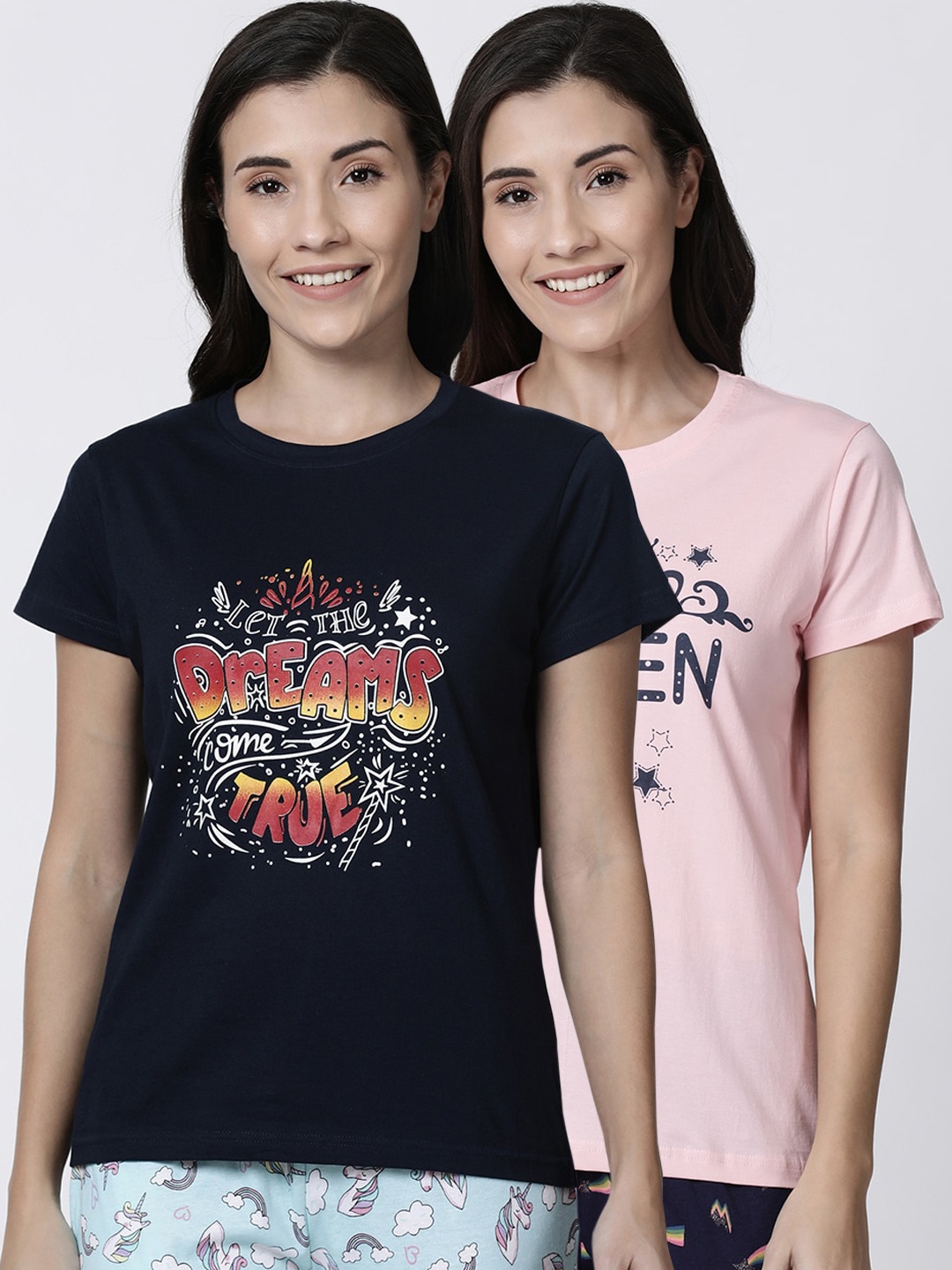 

Kryptic Women Pack Of 2 Printed Pure Cotton Lounge T-Shirts, Navy blue
