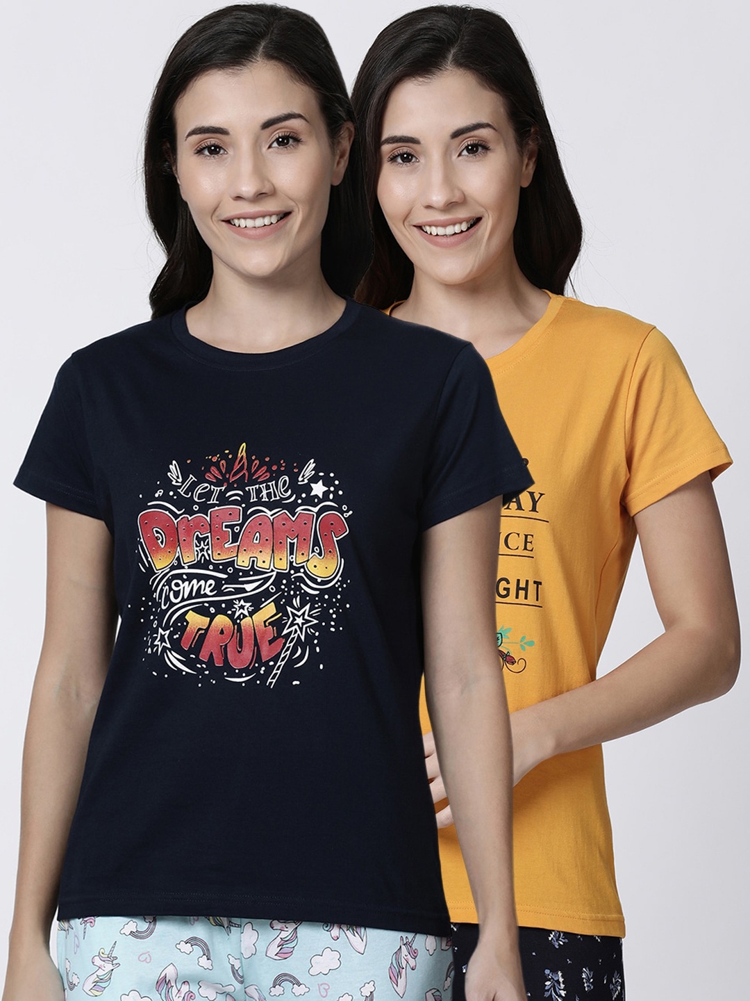 

Kryptic Women Pack Of 2 Printed Pure Cotton T-Shirts, Navy blue