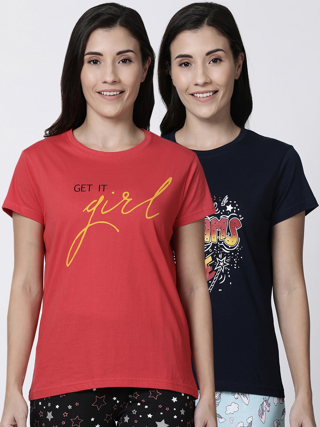 

Kryptic Women Pack Of 2 Printed Pure Cotton Lounge T-Shirts, Navy blue