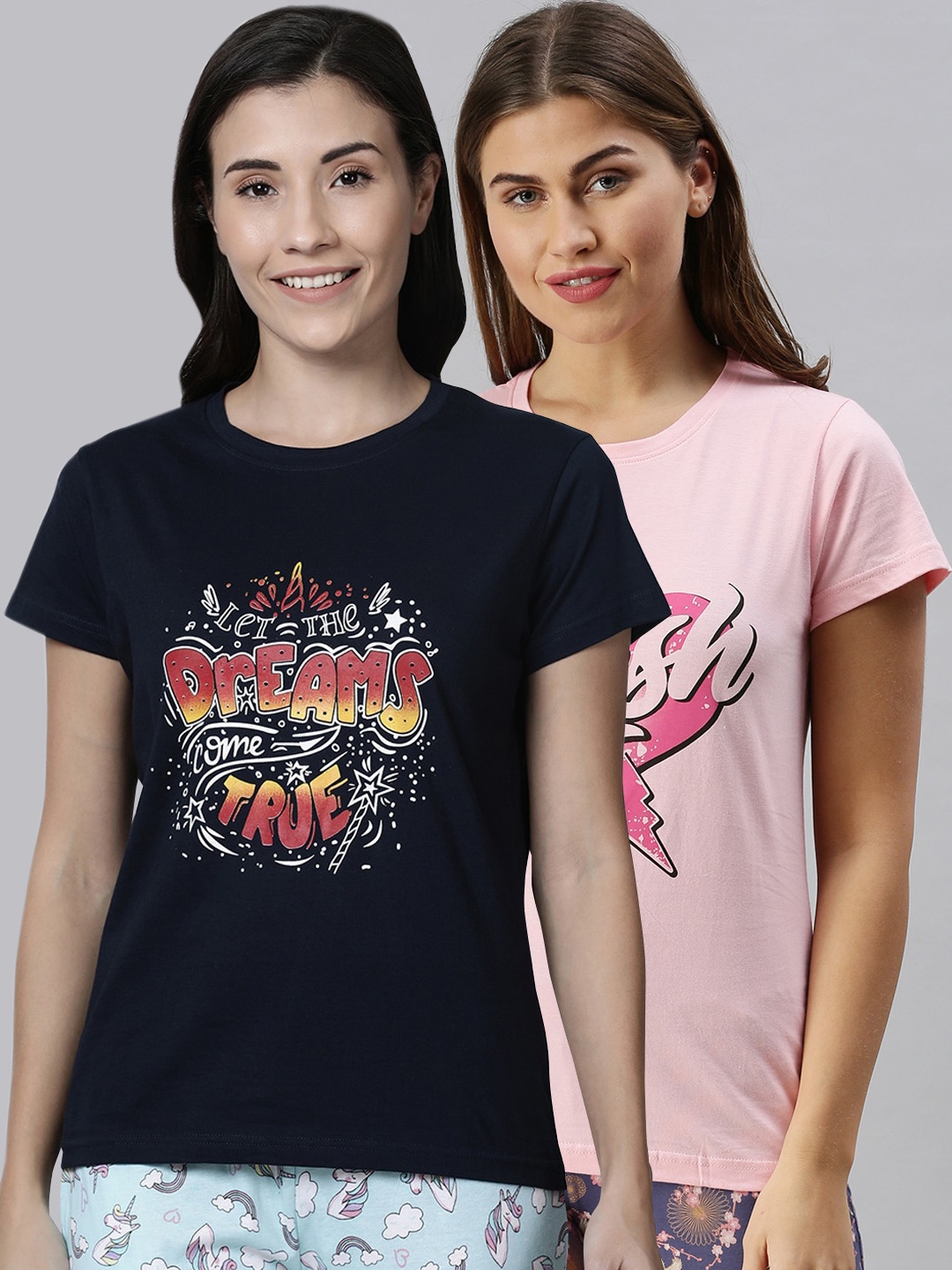 

Kryptic Women Pack Of 2 Printed Pure Cotton Lounge T-Shirts, Navy blue