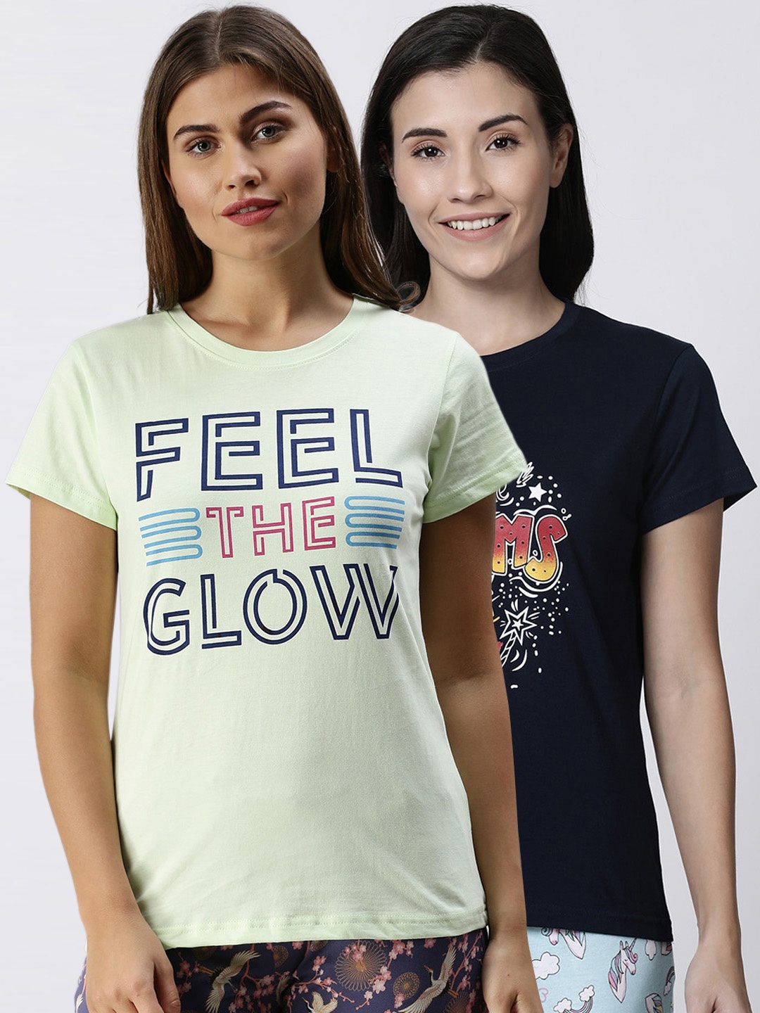 

Kryptic Women Pack Of 2 Printed Pure Cotton T-Shirts, Navy blue