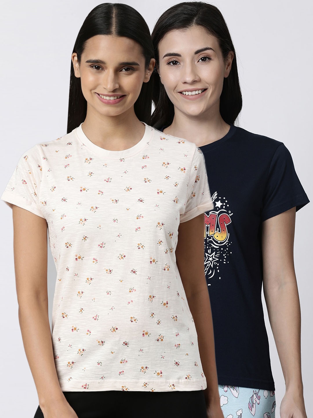 

Kryptic Women Pack Of 2 Printed Pure Cotton T-Shirts, Navy blue