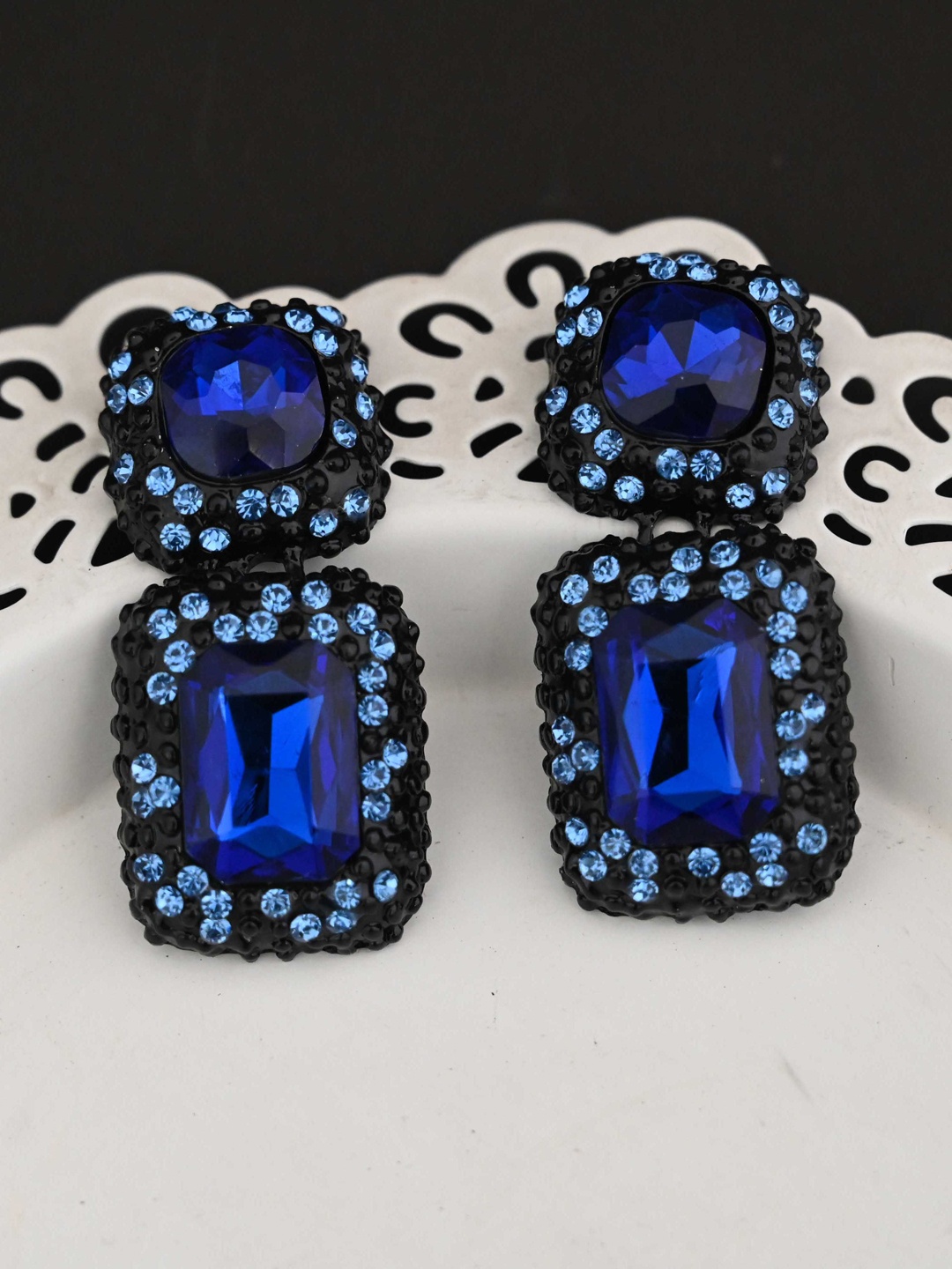 

justpeachy Blue-Toned Geometric CZ-Studded Drop Earrings