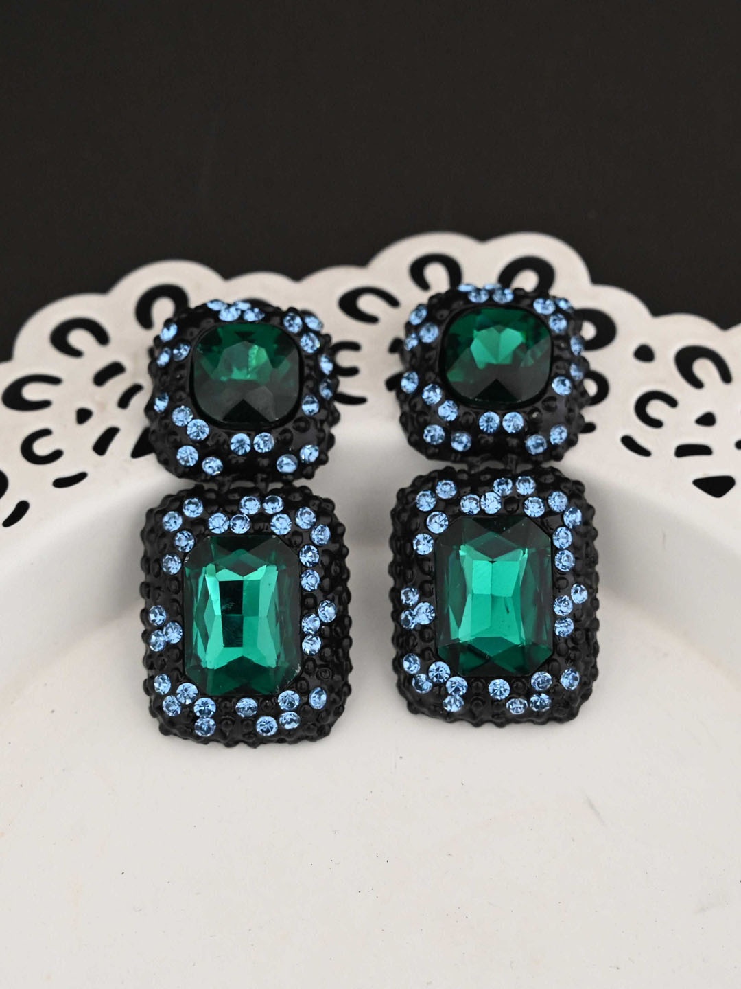 

justpeachy Green Stone Studded Square Drop Earrings