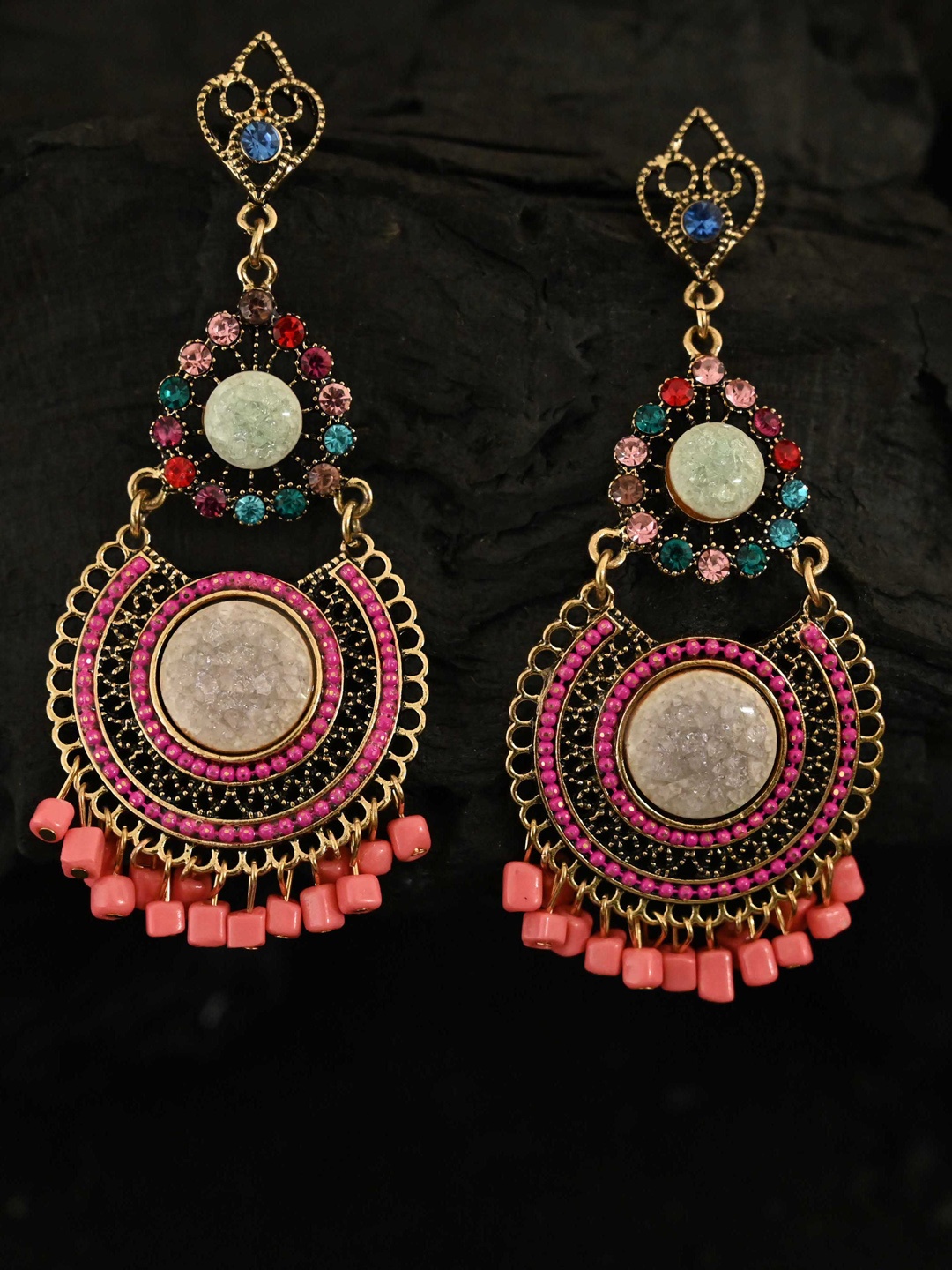 

justpeachy Gold-Toned & Pink Contemporary Drop Earrings