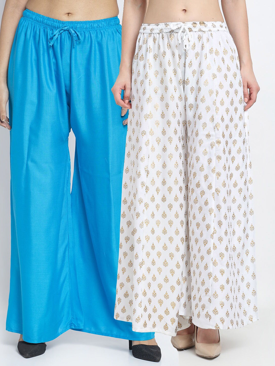 

GRACIT Women Turquoise Blue & White Set Of 2 Printed Flared Palazzos