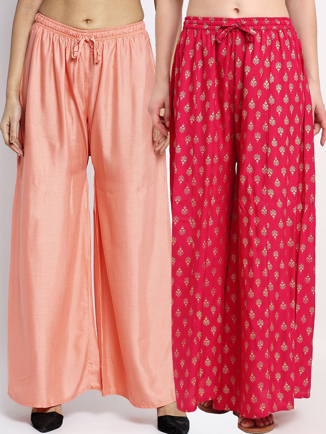

GRACIT Woman Pack of 2 Peach-Coloured & Red Flared Knitted Ethnic Palazzos