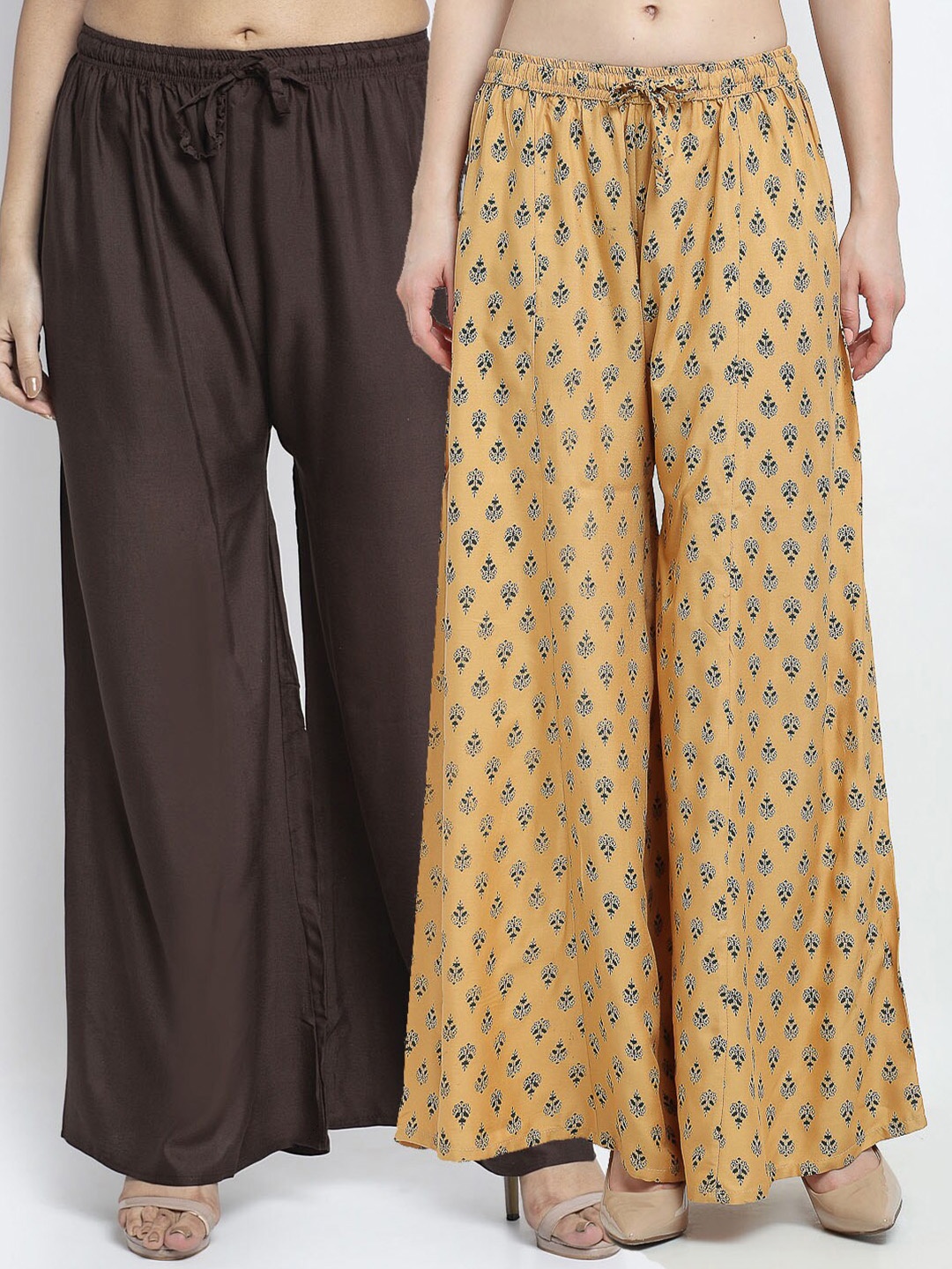 

GRACIT Women Brown & Yellow 2 Printed Flared Knitted Ethnic Palazzos