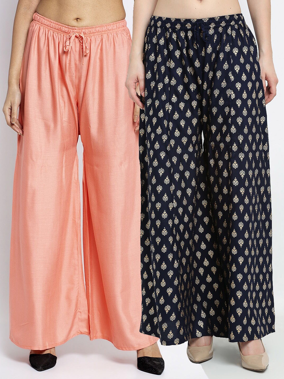 

GRACIT Women Pack Of 2 Peach-Coloured & Navy Blue Printed Flared Knitted Ethnic Palazzos