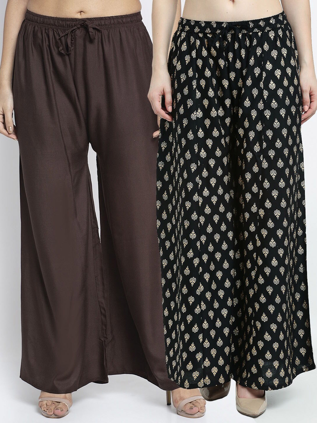 

GRACIT Women Brown & Black Set Of 2 Printed Flared Knitted Palazzos