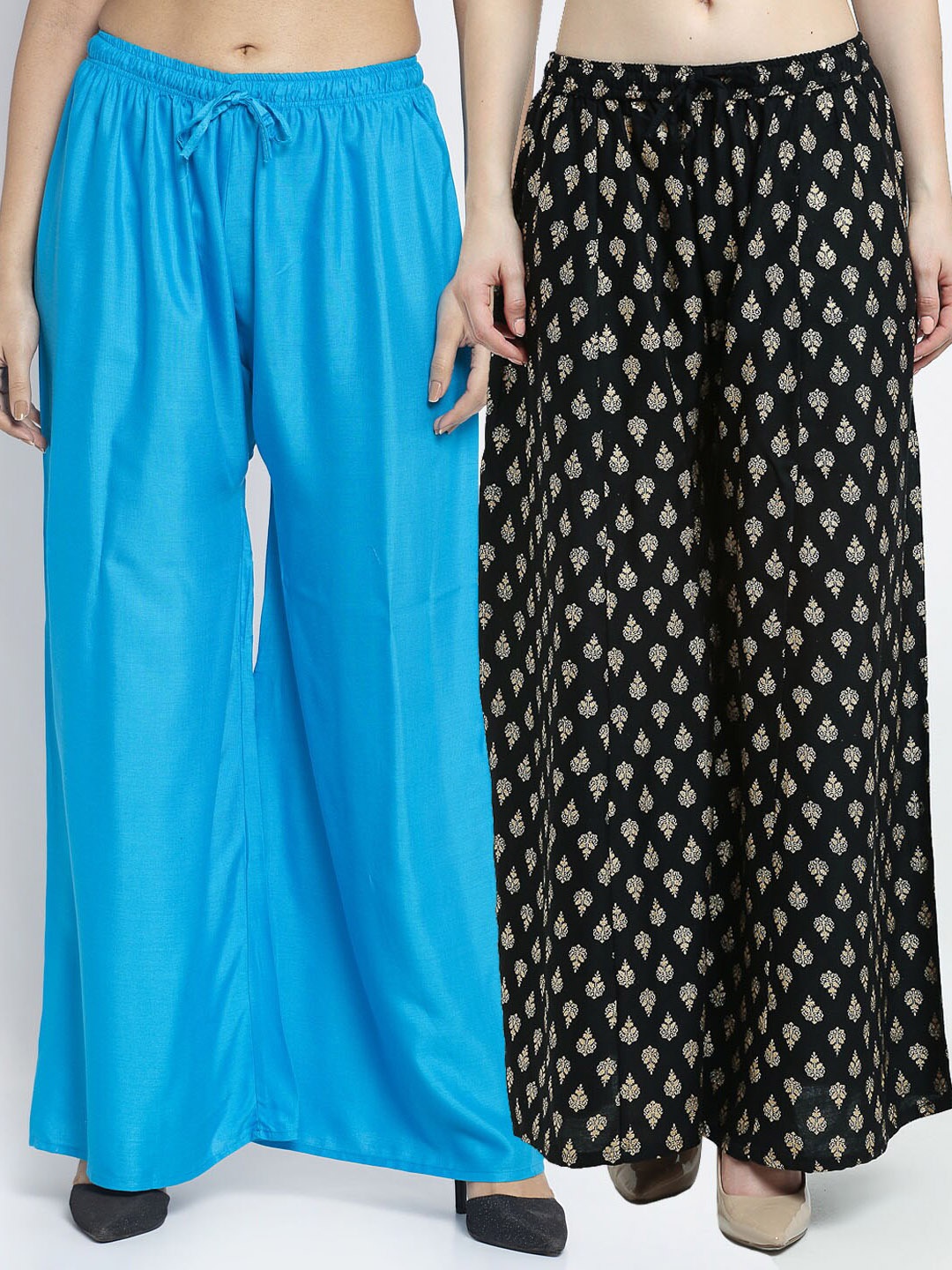 

GRACIT Woman Pack of 2 Blue & Black Printed Flared Knitted Ethnic Palazzos