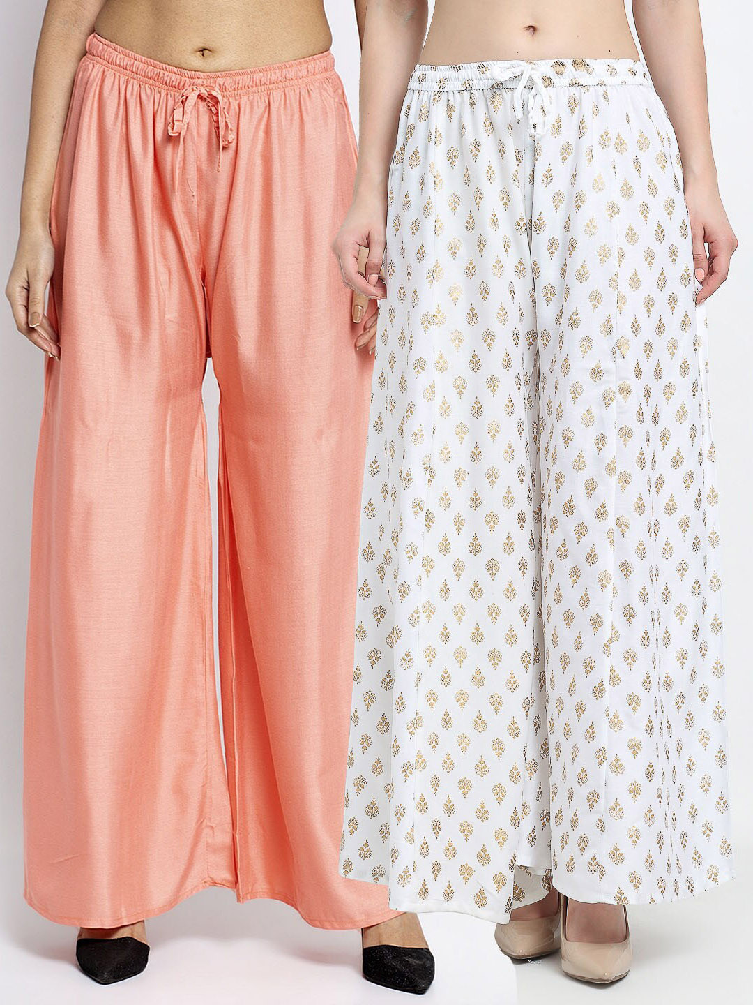 

GRACIT Women Pack Of 2 Peach-Coloured & White Printed Flared Knitted Ethnic Palazzos