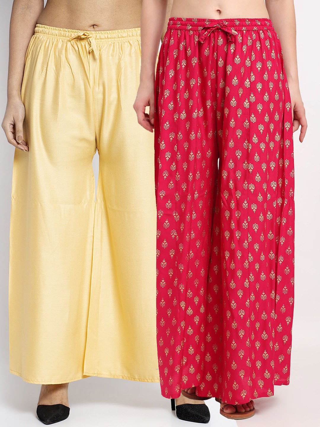 

GRACIT Women Beige & Pink Set Of 2 Printed Flared Knitted Palazzos