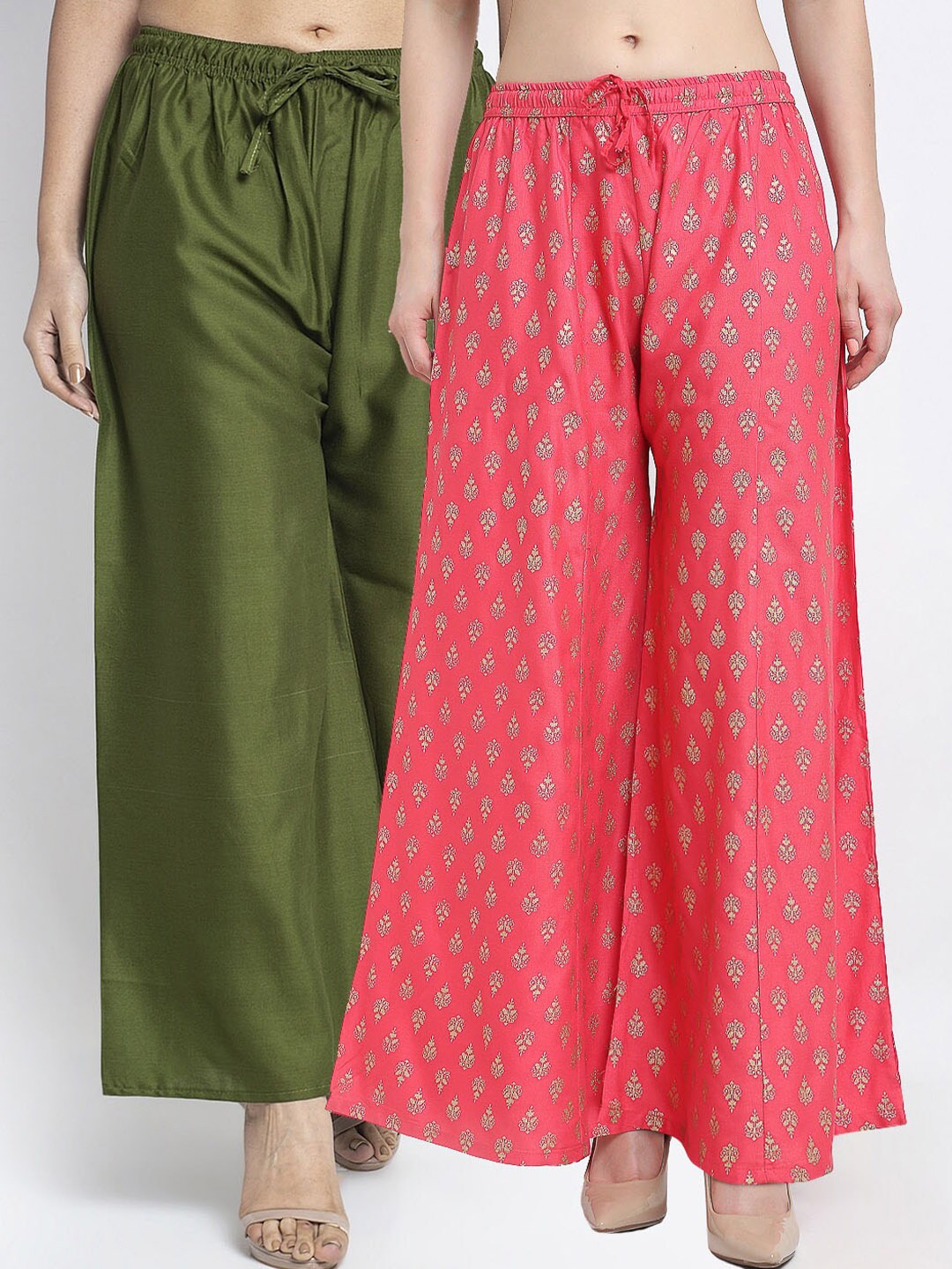 

GRACIT Women Pack Of 2 Green & Pink Printed Flared Knitted Ethnic Palazzos