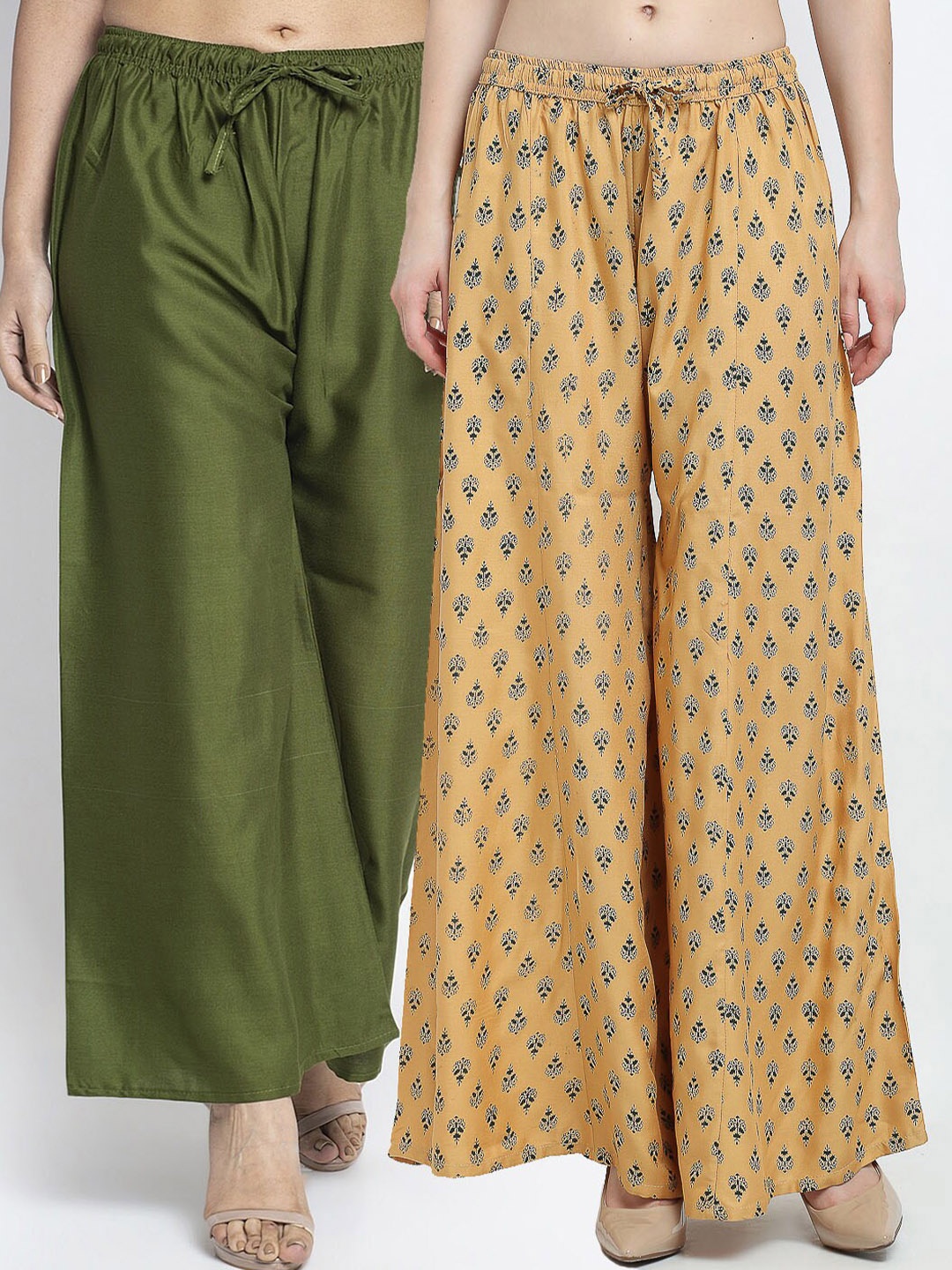 

GRACIT Woman Pack of 2 Green & Beige Flared Knitted Ethnic Palazzos