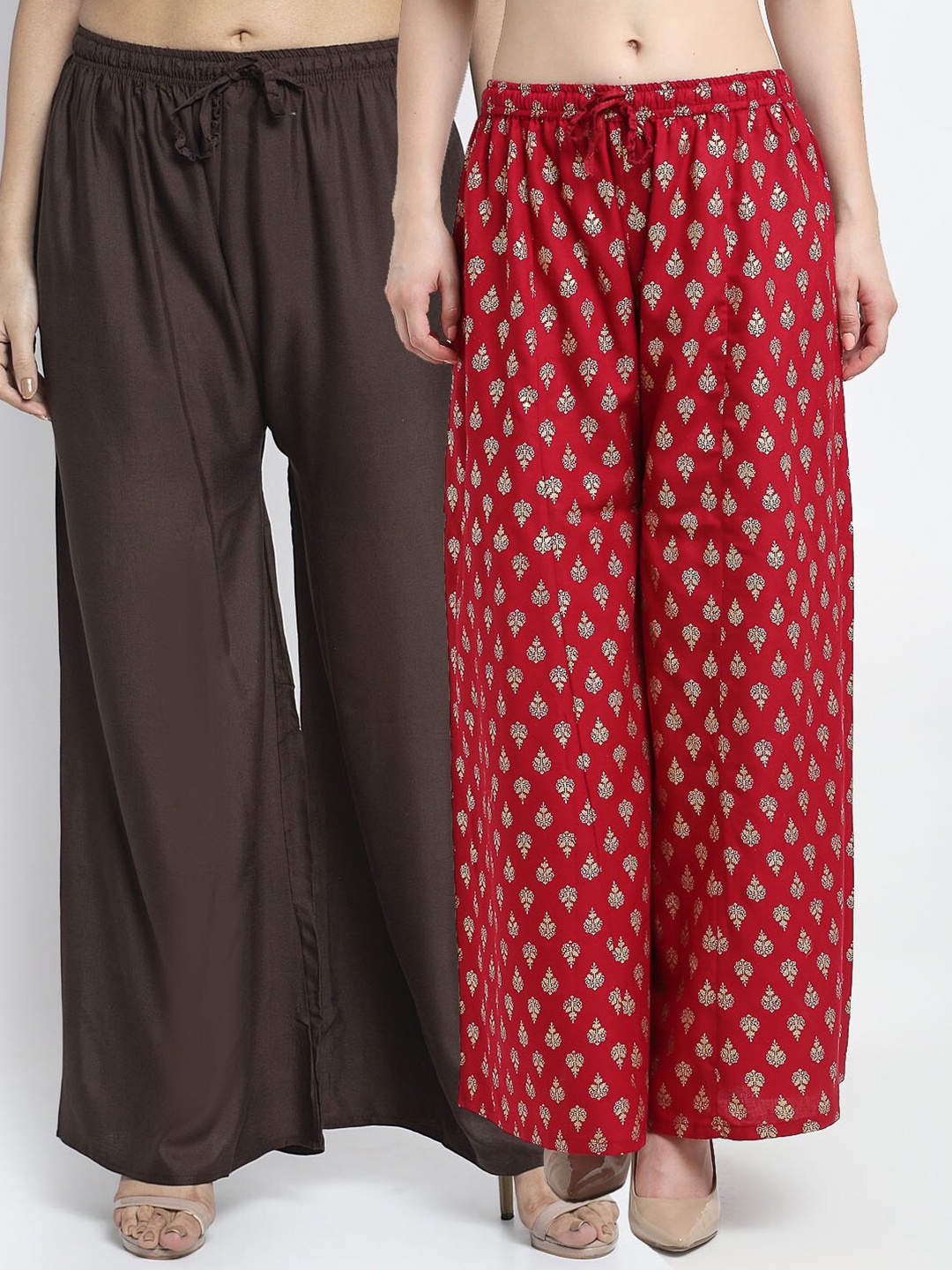 

GRACIT Women Coffee Brown & Red Set Of 2 Printed Flared Knitted Palazzos