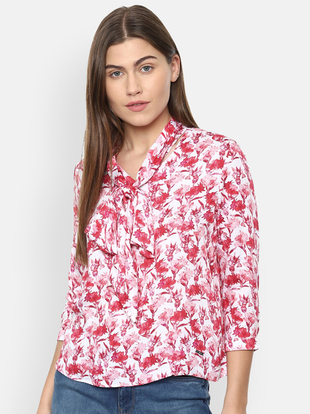 

Van Heusen Woman Pink & White Floral Print Tie-Up Neck Top
