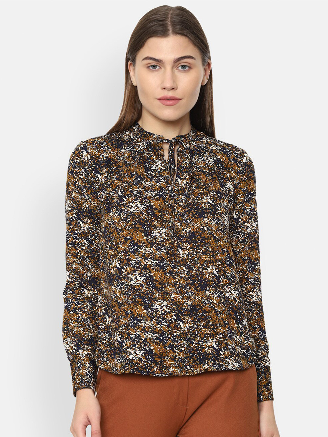 

Van Heusen Woman Black & Mustard Yellow Print Tie-Up Neck Top