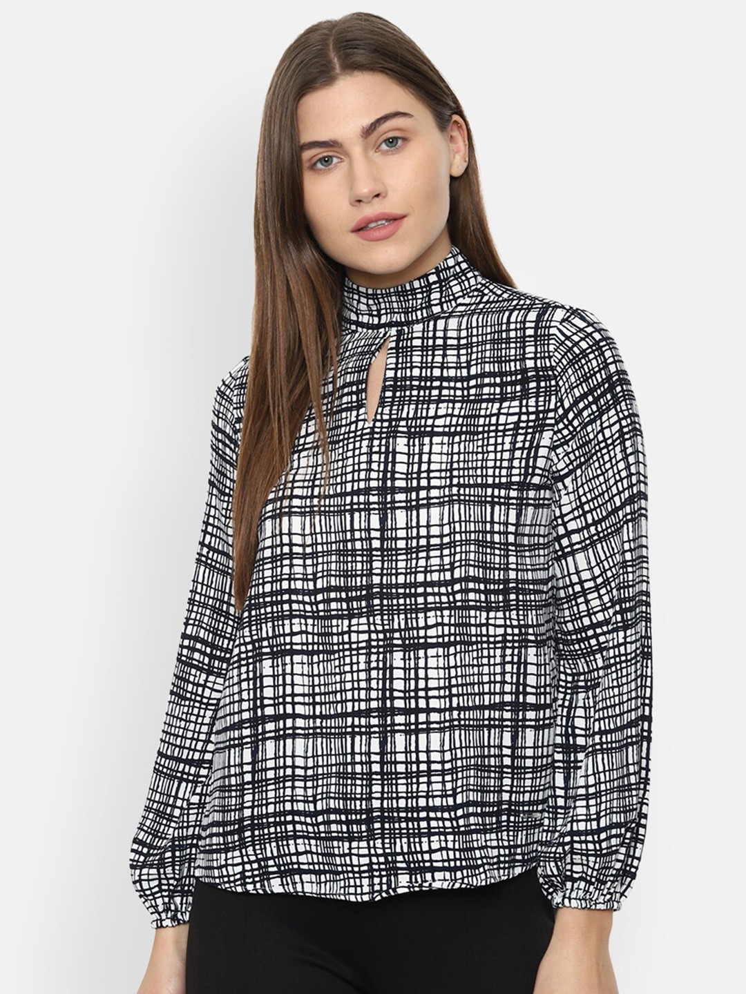 

Van Heusen Woman Black & White Checked Keyhole Neck Top