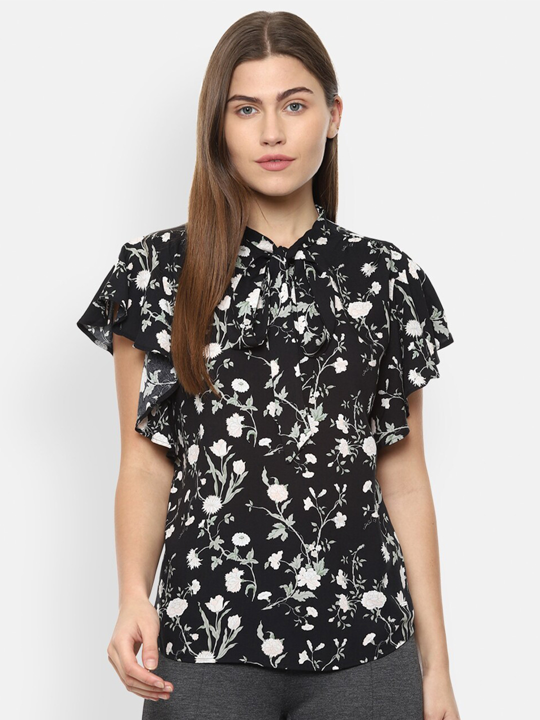

Van Heusen Woman Black Floral Print Tie-Up Neck Top