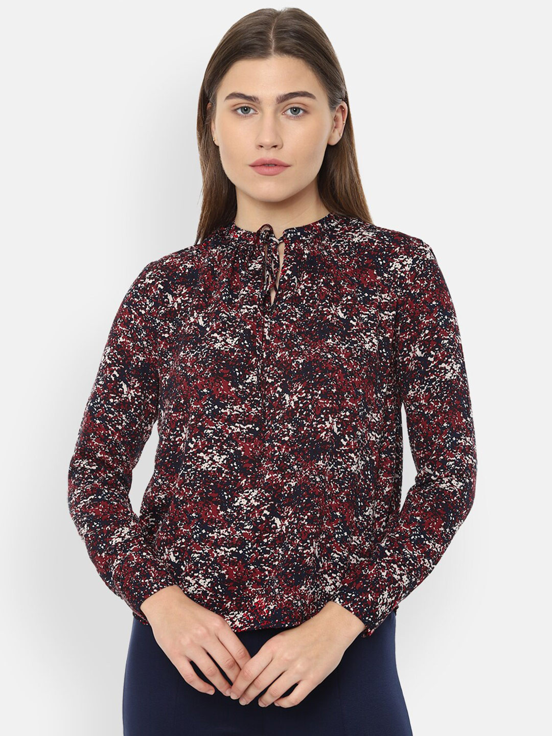 

Van Heusen Woman Maroon Floral Print Tie-Up Neck Top