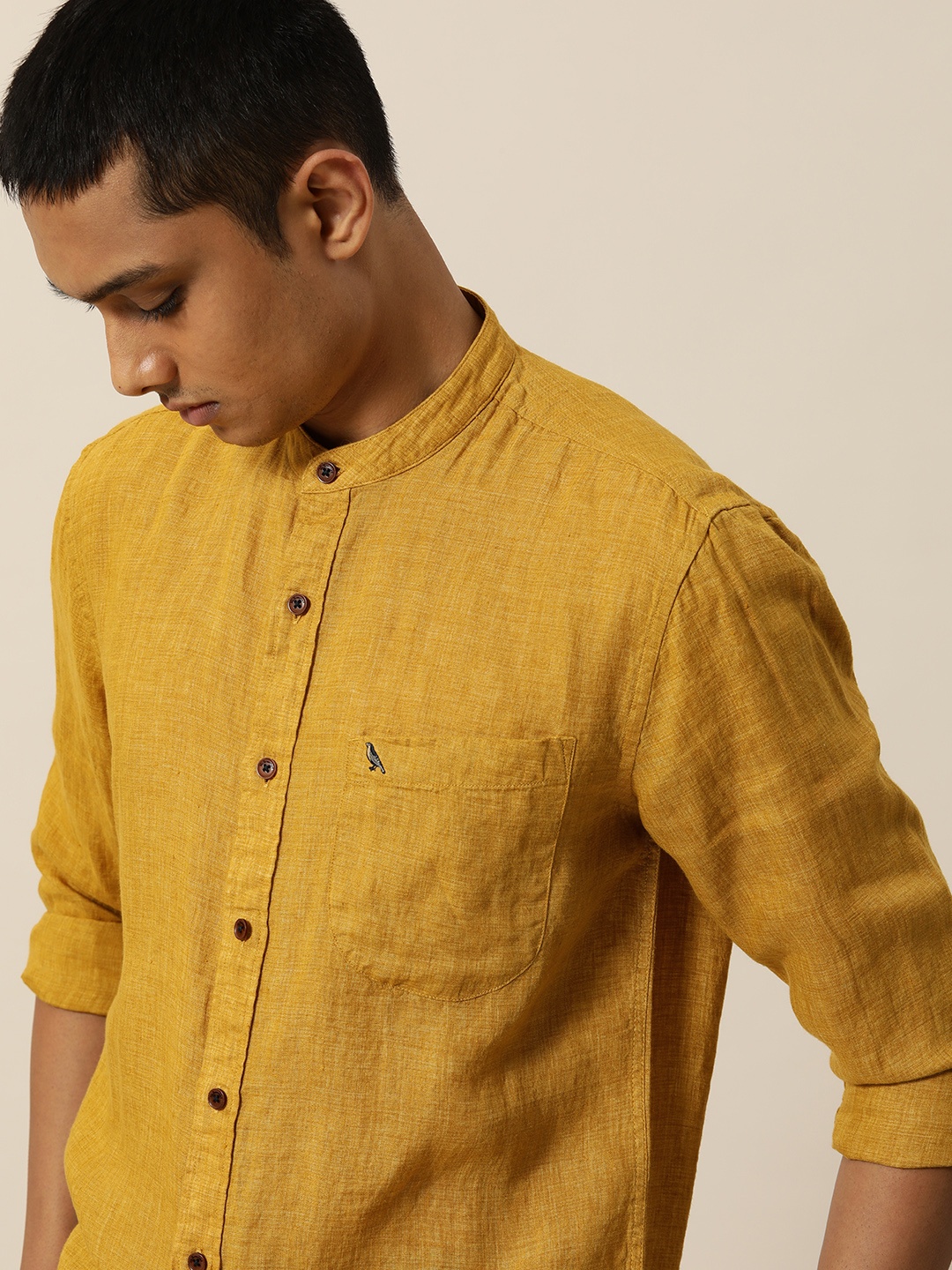 

Mr Bowerbird Men Mustard Yellow Tailored Fit Solid Casual Shirt