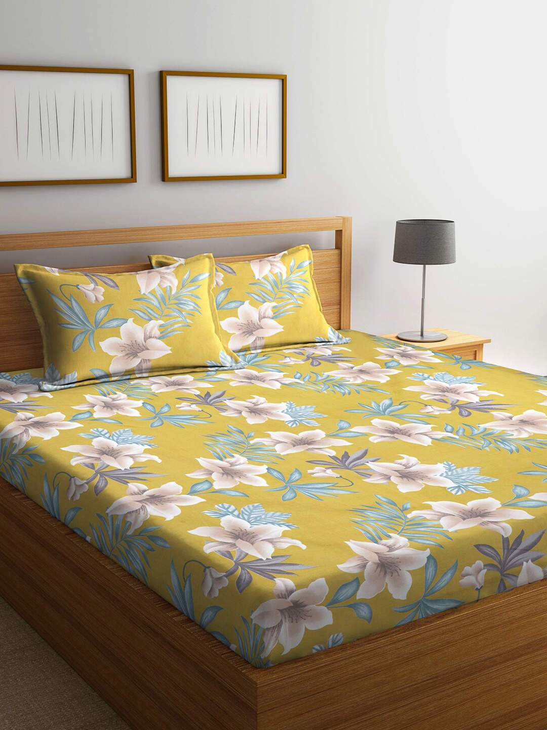 

Arrabi Yellow & Green Floral 300 TC King Bedsheet with 2 Pillow Covers
