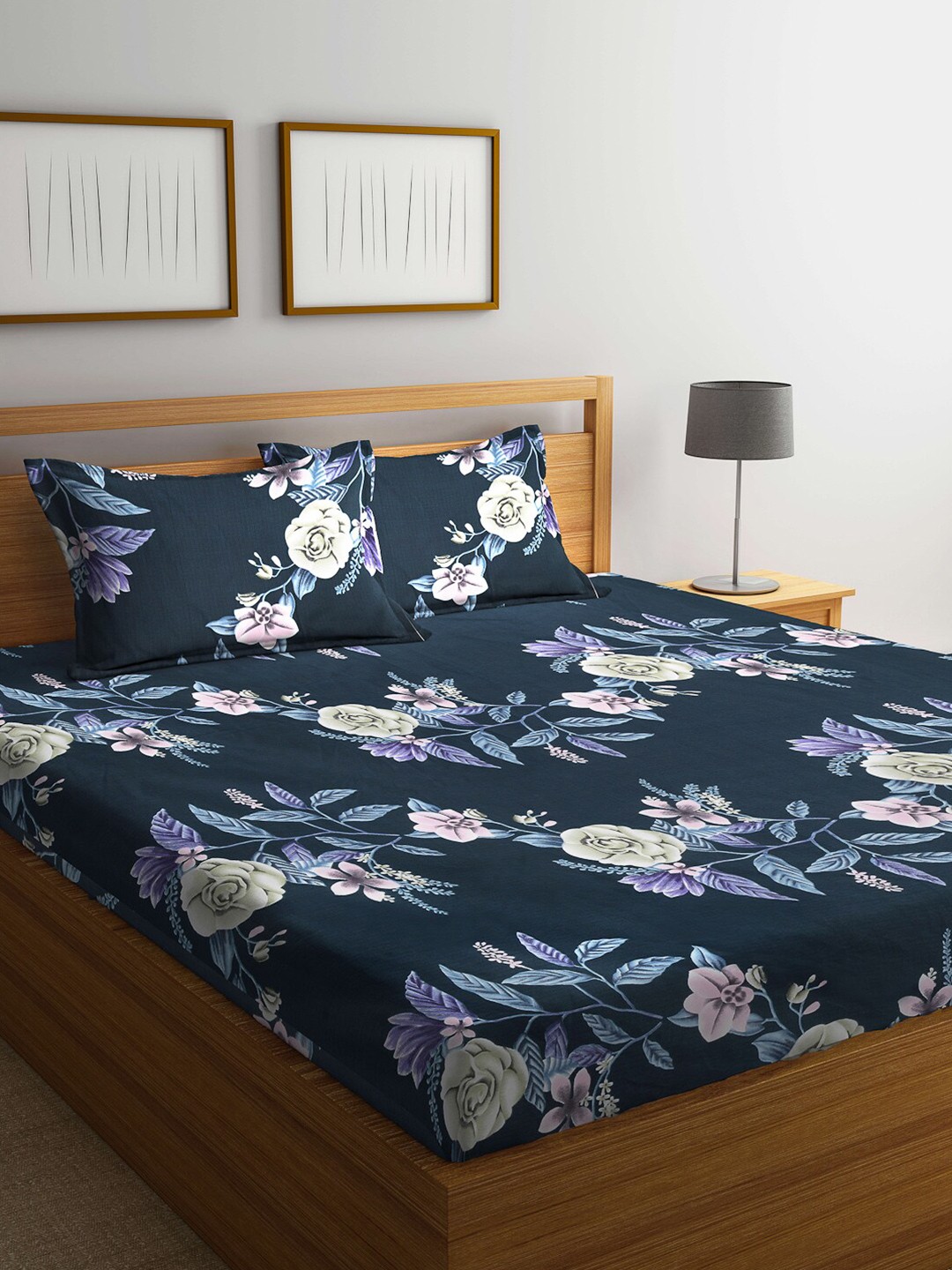 

Arrabi Blue & Pink Floral 300 TC King Bedsheet with 2 Pillow Covers