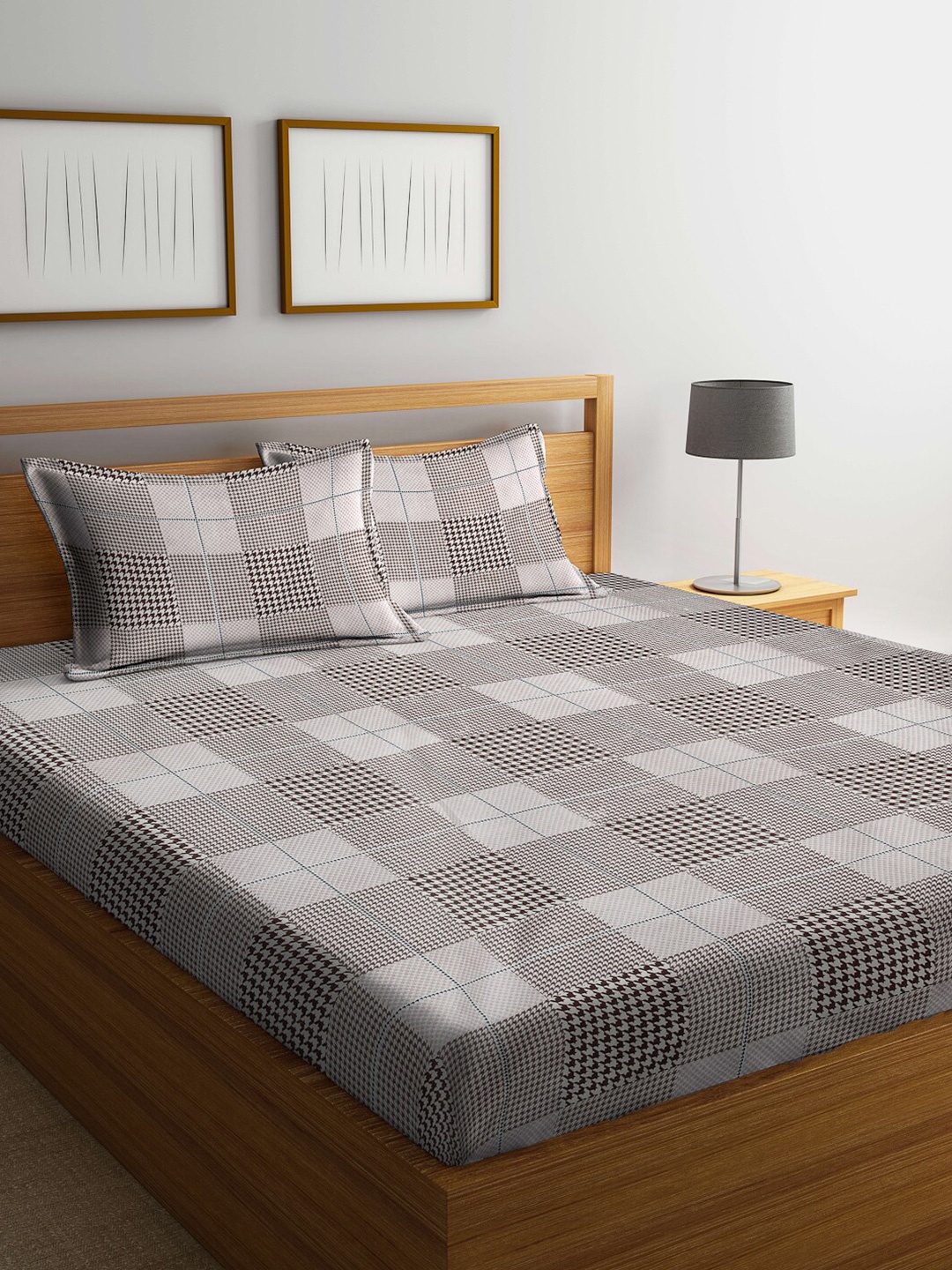 

Arrabi Brown Checked 300 TC King Bedsheet with 2 Pillow Covers