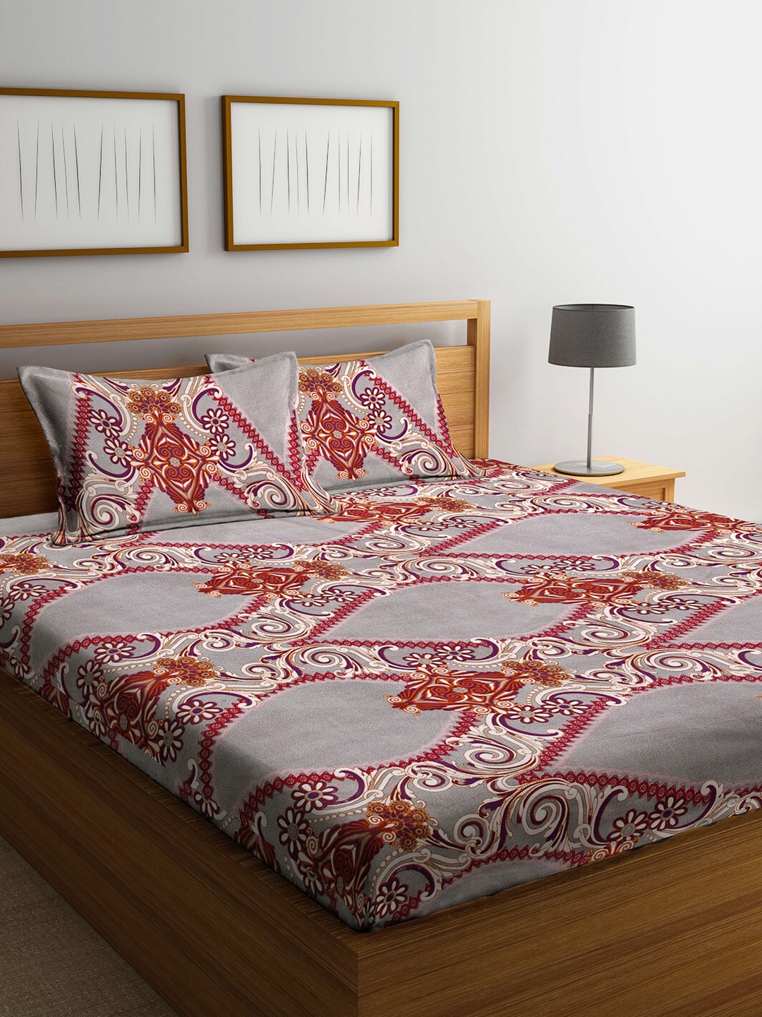 

Arrabi Grey & Red Ethnic Motifs 300 TC King Bedsheet with 2 Pillow Covers