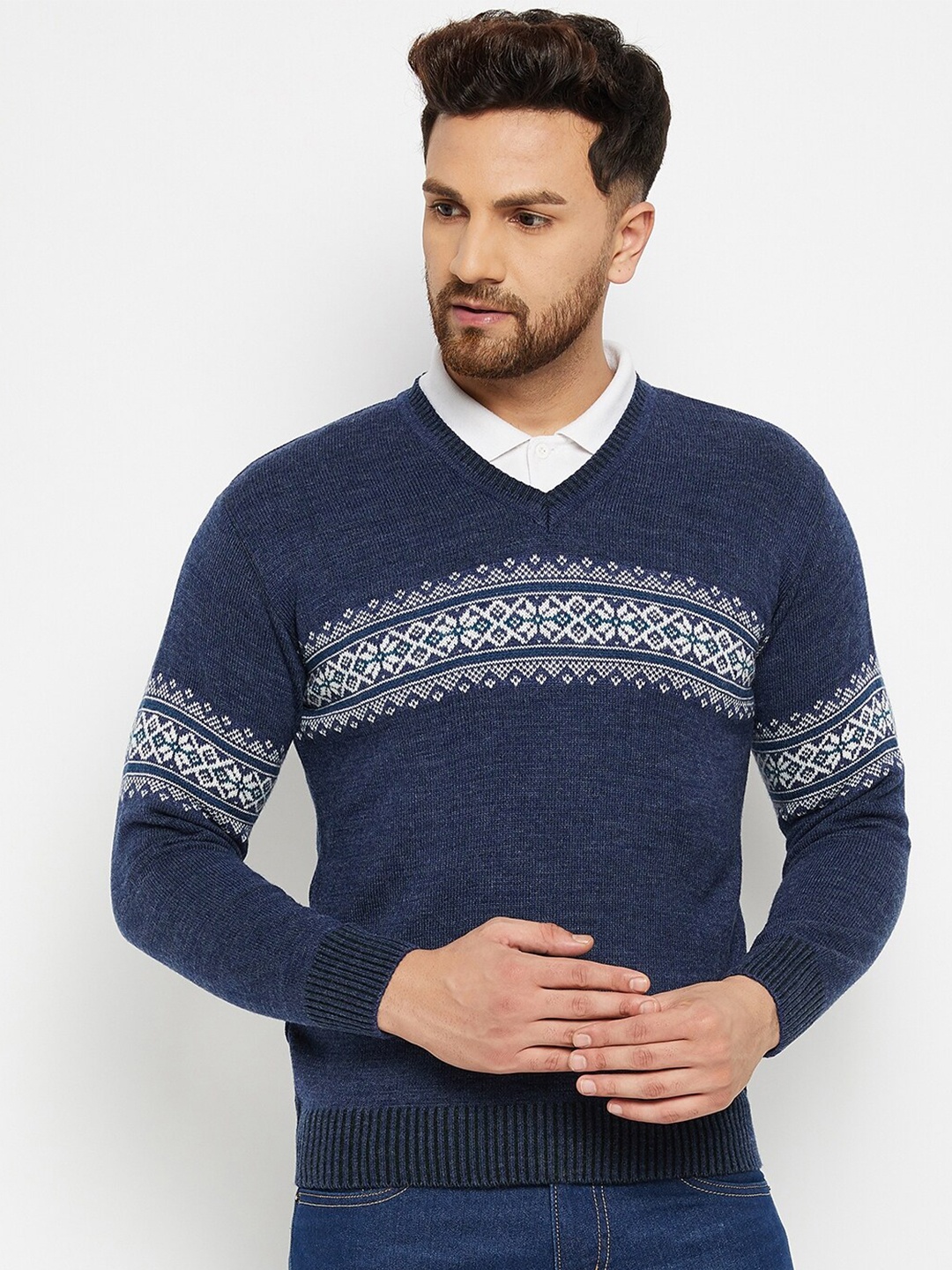 

Duke Men Blue & White Cable Knit Printed Pullover