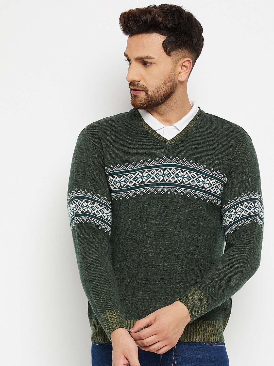

Duke Men Green & White Cable Knit Printed Pullover