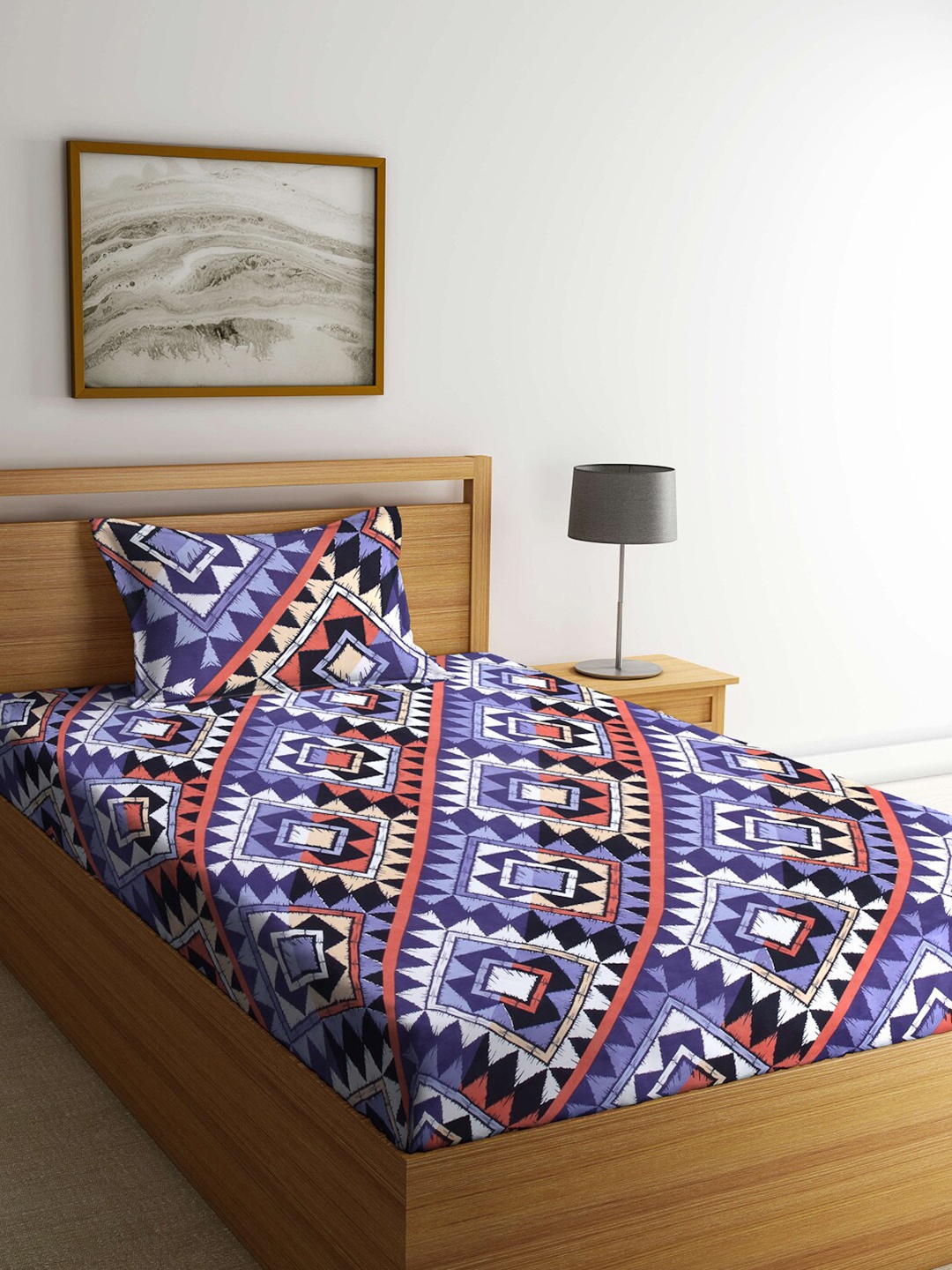 

Arrabi Peach-Coloured & Violet Geometric 300 TC Single Bedsheet with 1 Pillow Covers