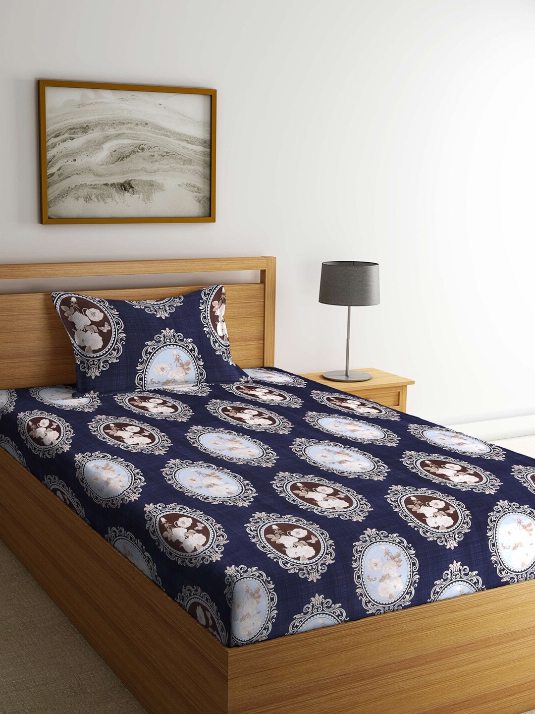 

Arrabi Navy Blue & White Ethnic Motifs 300 TC Single Bedsheet with 1 Pillow Covers