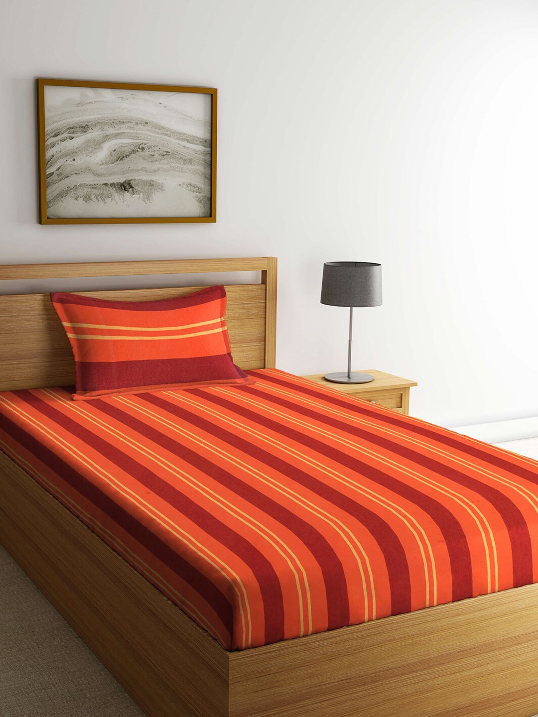 

Arrabi Orange & Red Striped 300 TC Single Bedsheet with 1 Pillow Covers
