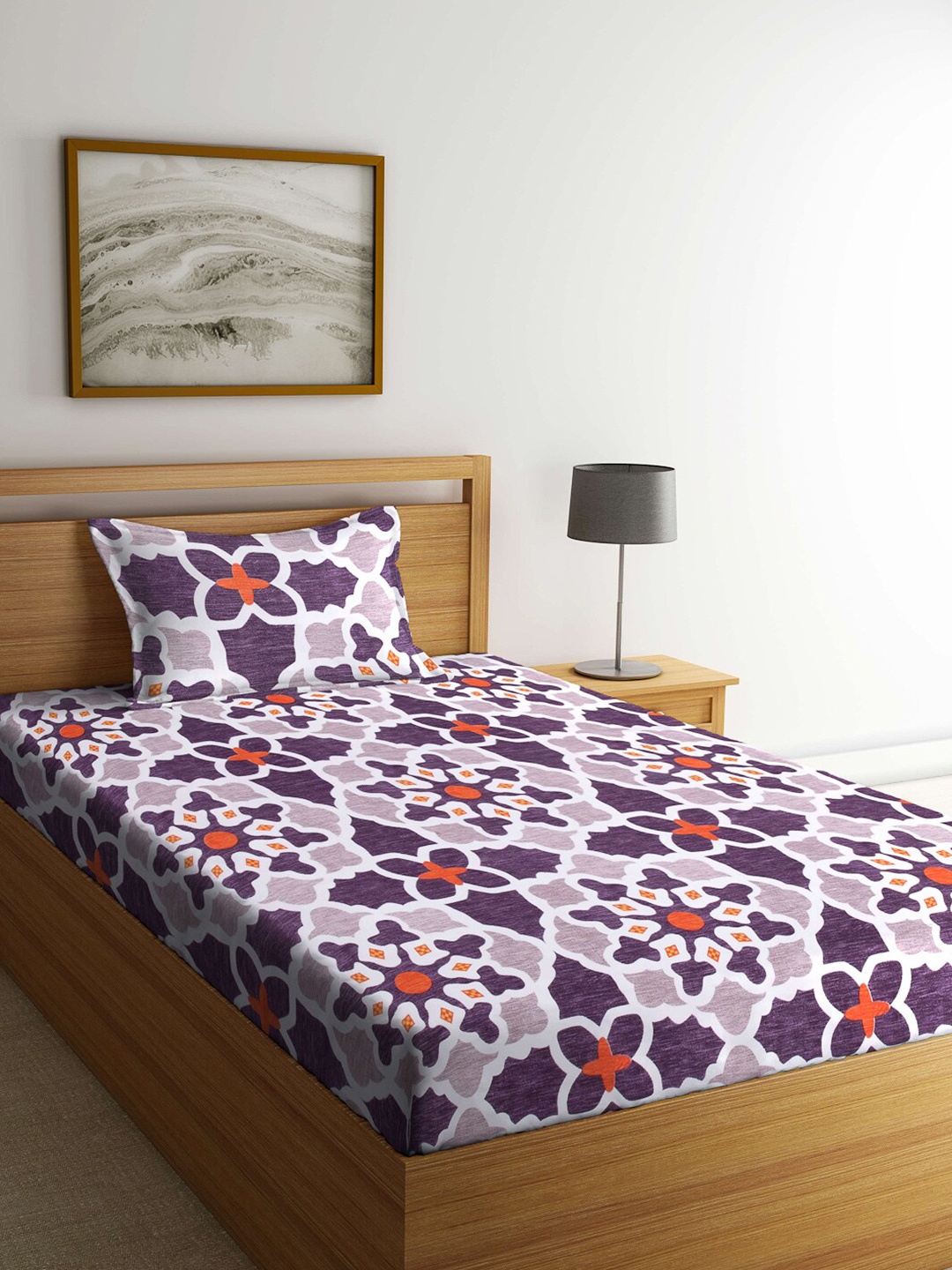 

Arrabi Violet & Orange Floral 300 TC Single Bedsheet with 1 Pillow Covers