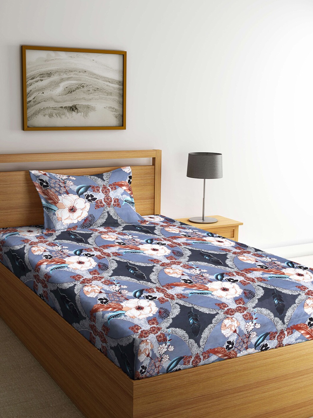

Arrabi Blue & White Floral 300 TC Single Bedsheet with 1 Pillow Covers