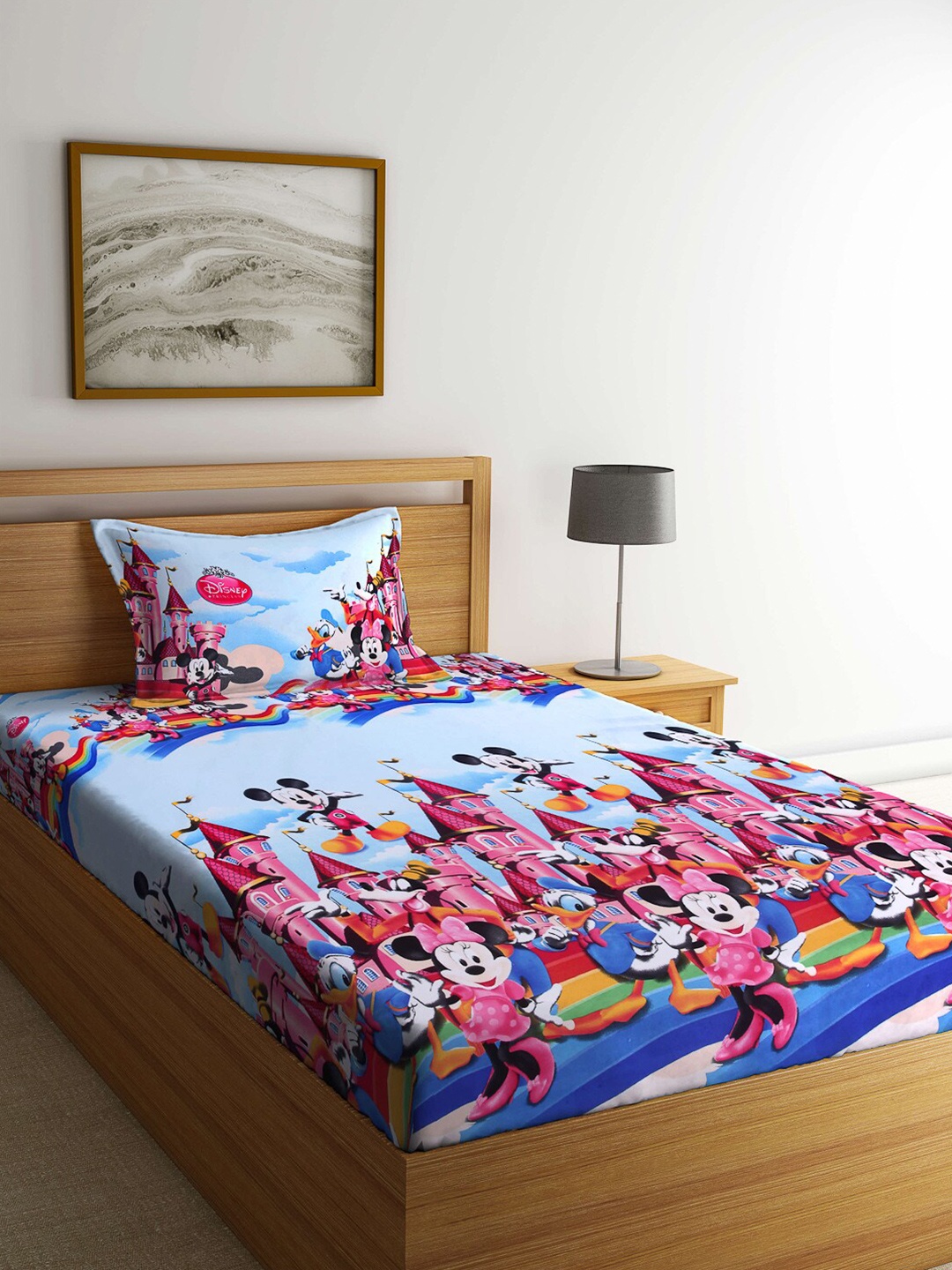 

Arrabi Blue & Pink Cartoon Characters 130 TC Single Bedsheet with 1 Pillow Covers