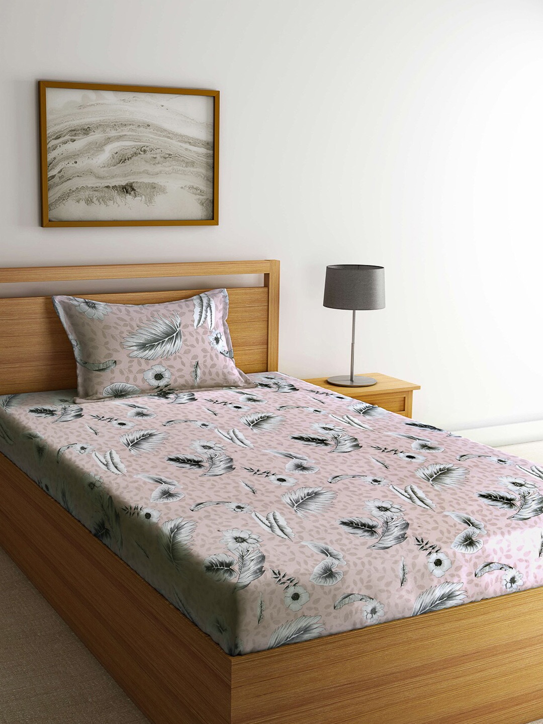 

Arrabi Grey & Pink Floral 130 TC Single Bedsheet with 1 Pillow Covers