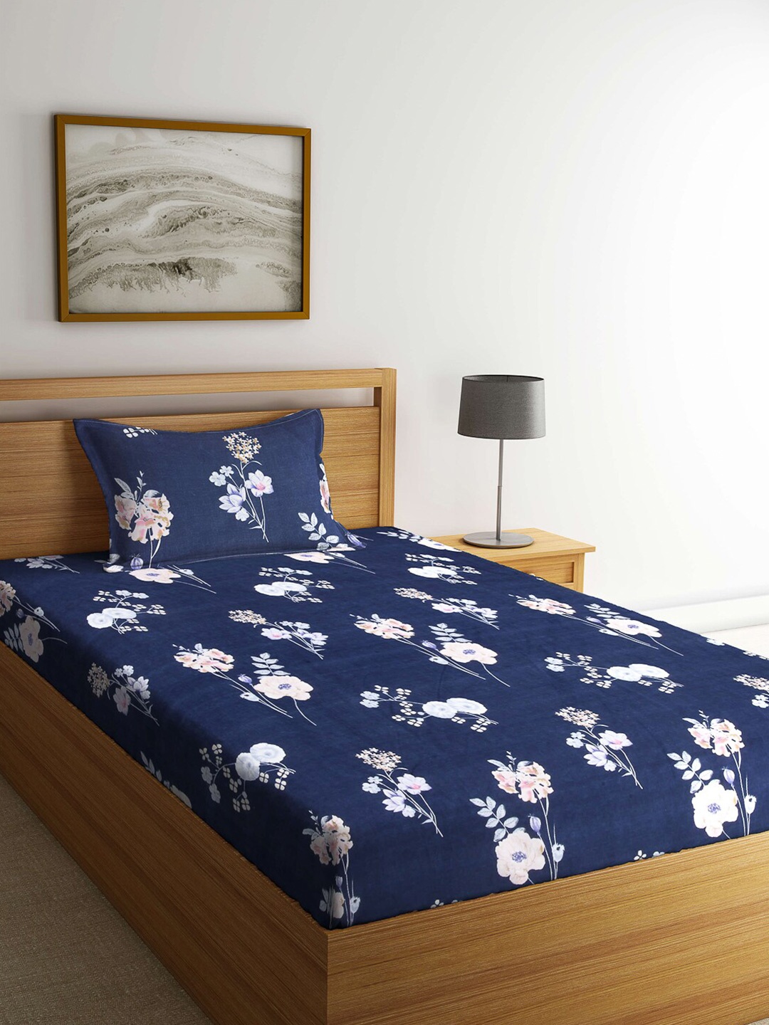 

Arrabi Blue & Pink Floral 130 TC Single Bedsheet with 1 Pillow Covers