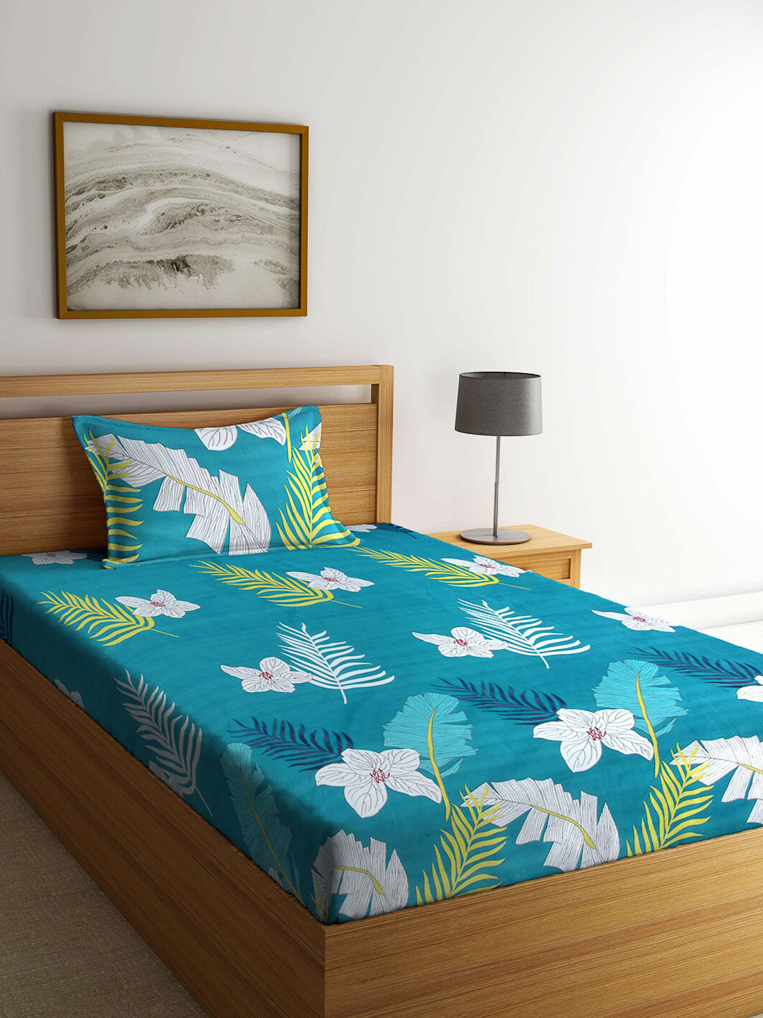

Arrabi Blue & White Floral 130 TC Single Bedsheet with 1 Pillow Covers