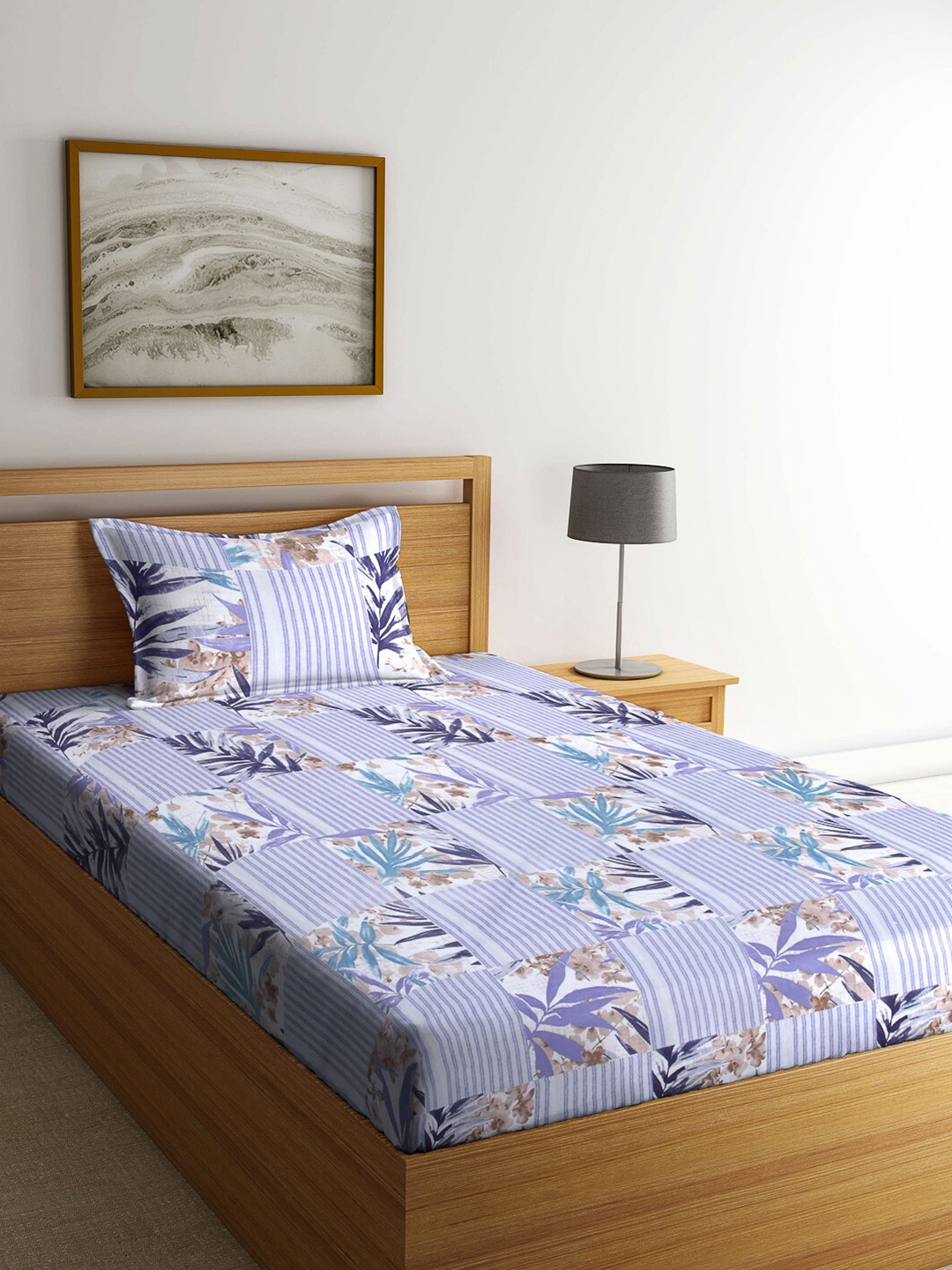 

Arrabi Blue & White Floral 130 TC Single Bedsheet with 1 Pillow Covers