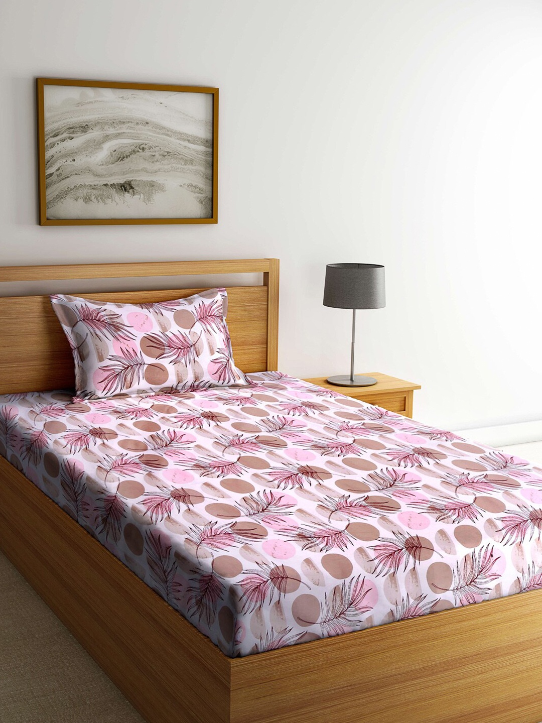 

Arrabi White & Pink Floral 130 TC Cotton Single Bedsheet with 1 Pillow Covers